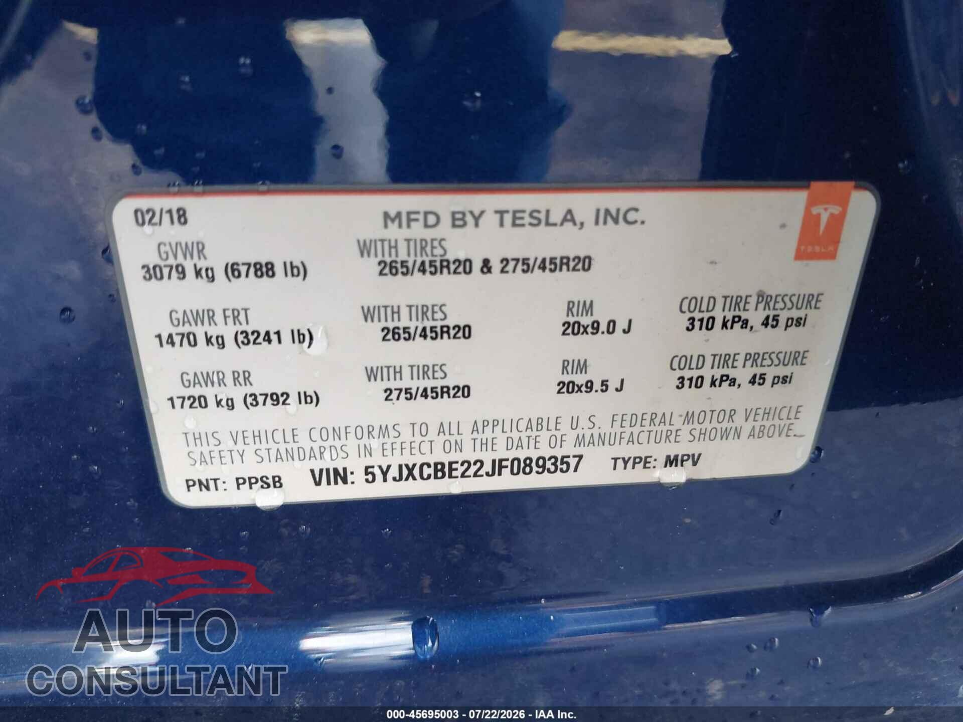 TESLA MODEL X 2018 - 5YJXCBE22JF089357