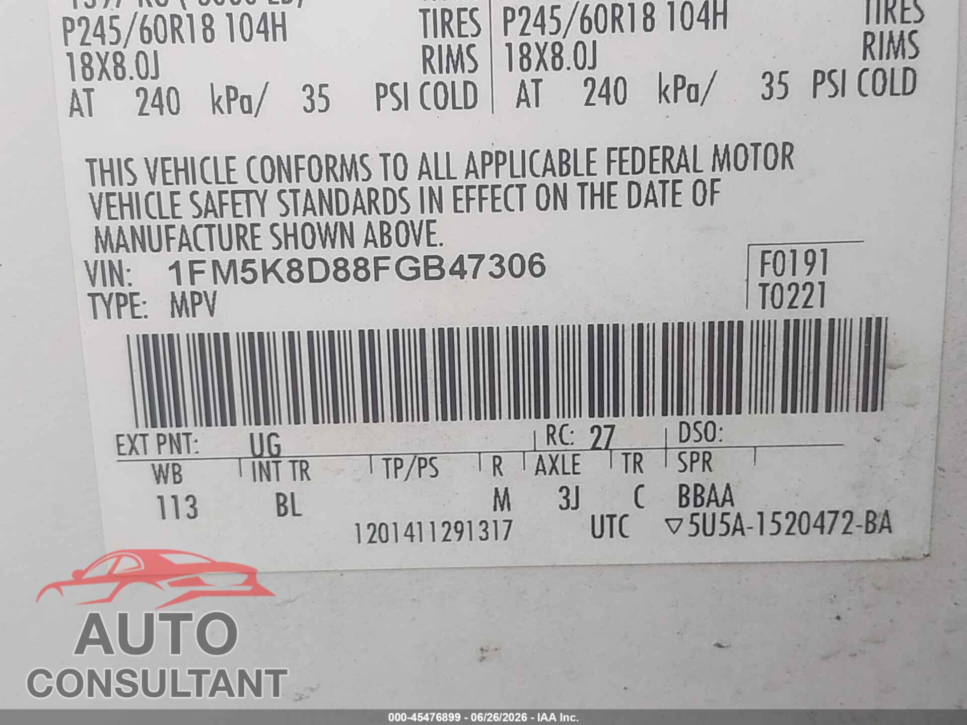 FORD EXPLORER 2015 - 1FM5K8D88FGB47306