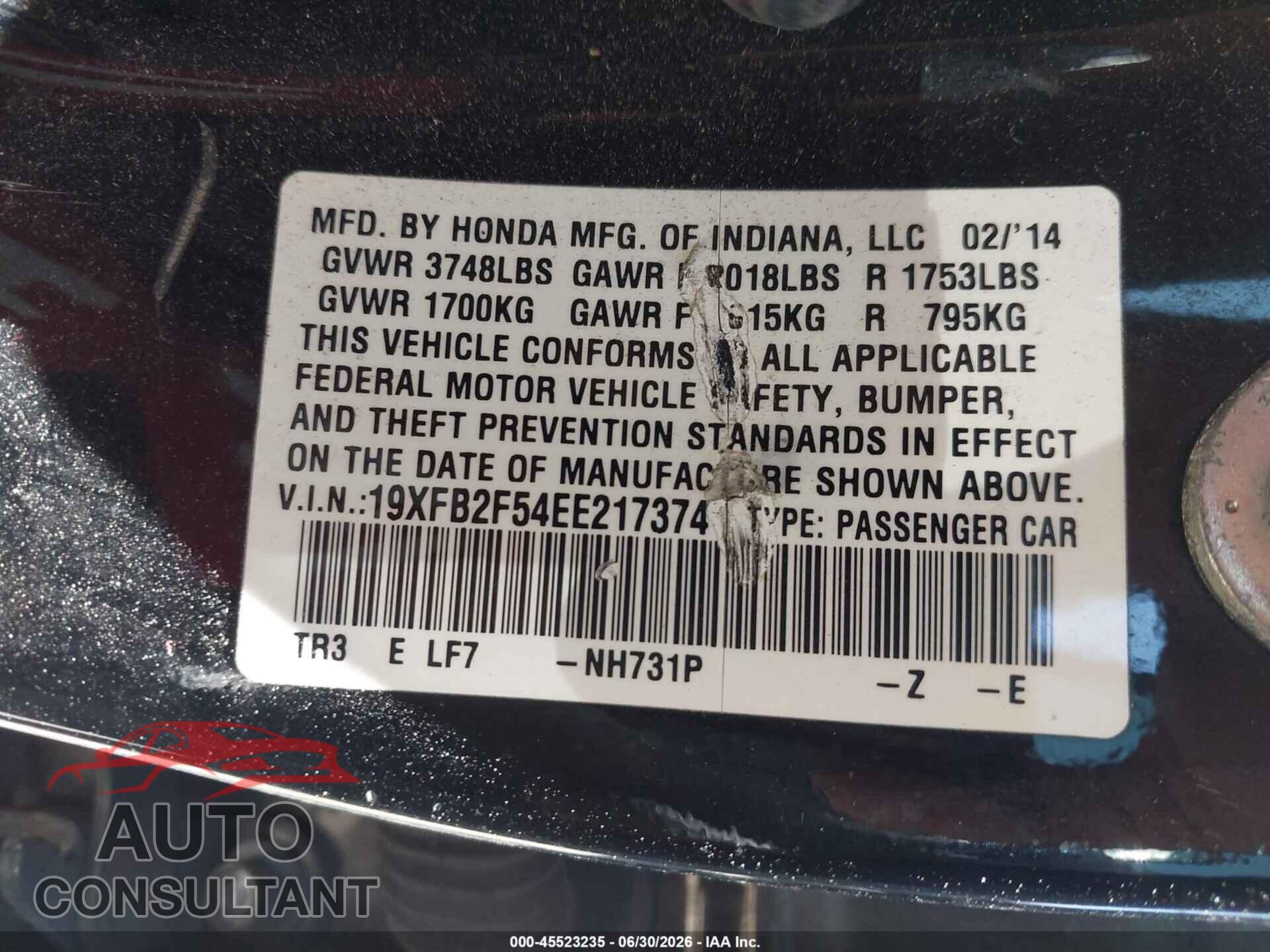 HONDA CIVIC 2014 - 19XFB2F54EE217374