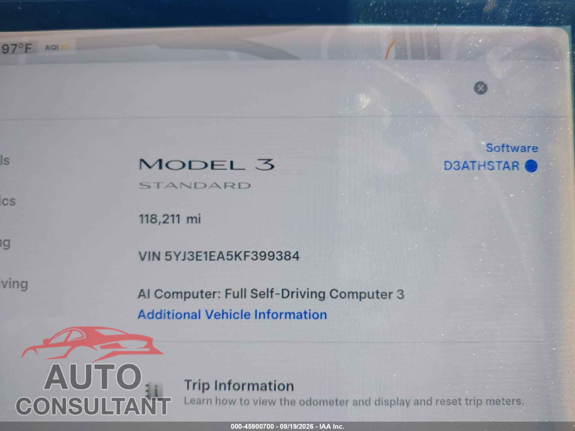 TESLA MODEL 3 2019 - 5YJ3E1EA5KF399384