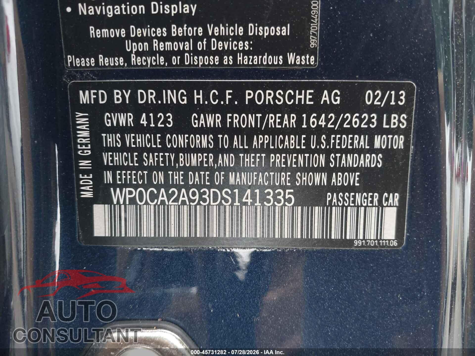 PORSCHE 911 2013 - WP0CA2A93DS141335