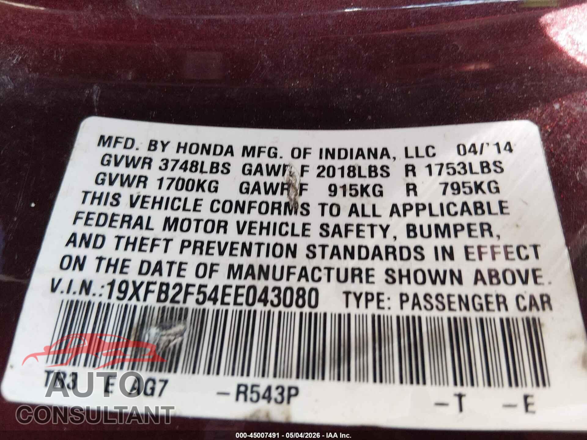 HONDA CIVIC 2014 - 19XFB2F54EE043080