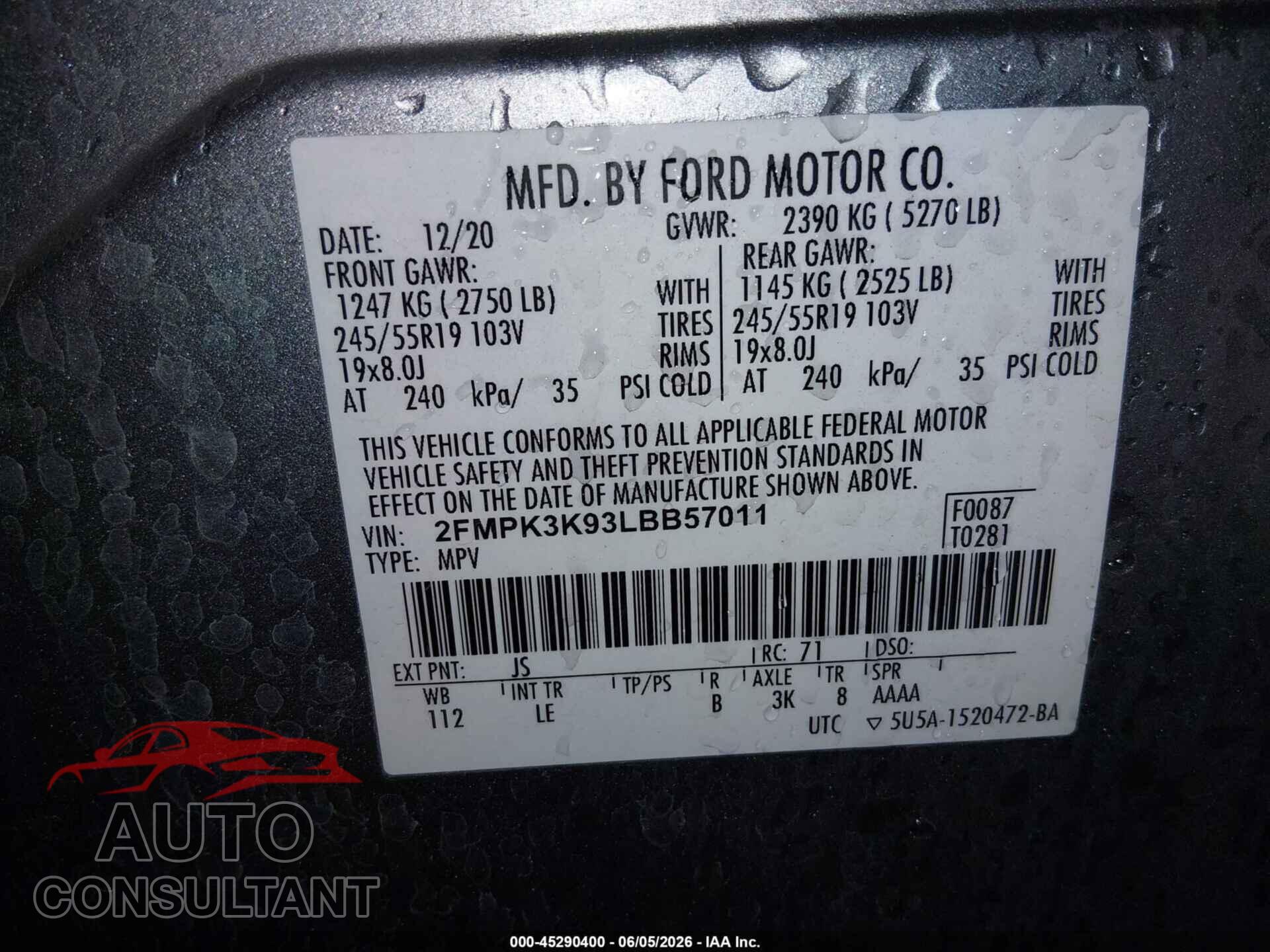 FORD EDGE 2020 - 2FMPK3K93LBB57011