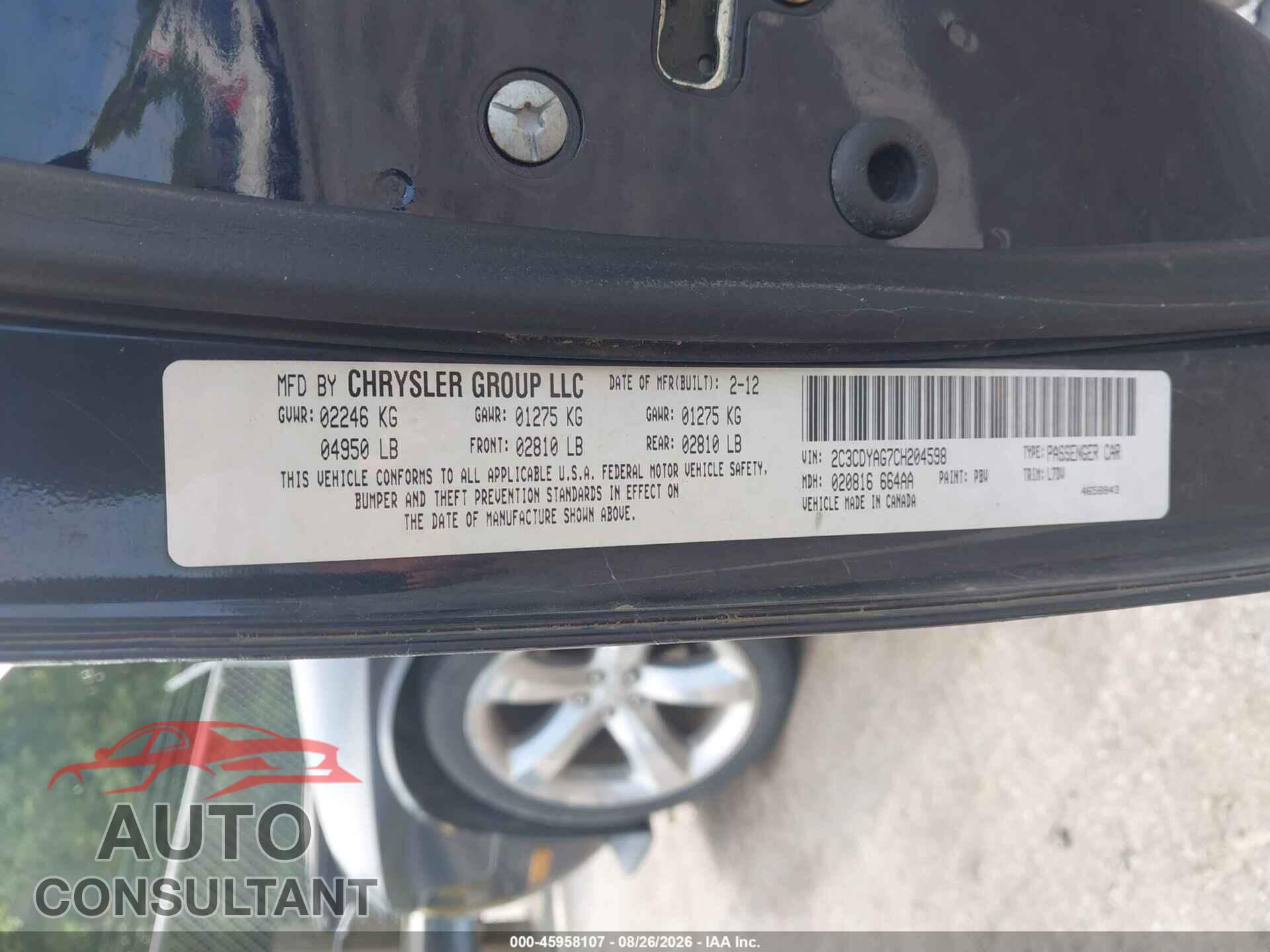 DODGE CHALLENGER 2012 - 2C3CDYAG7CH204598