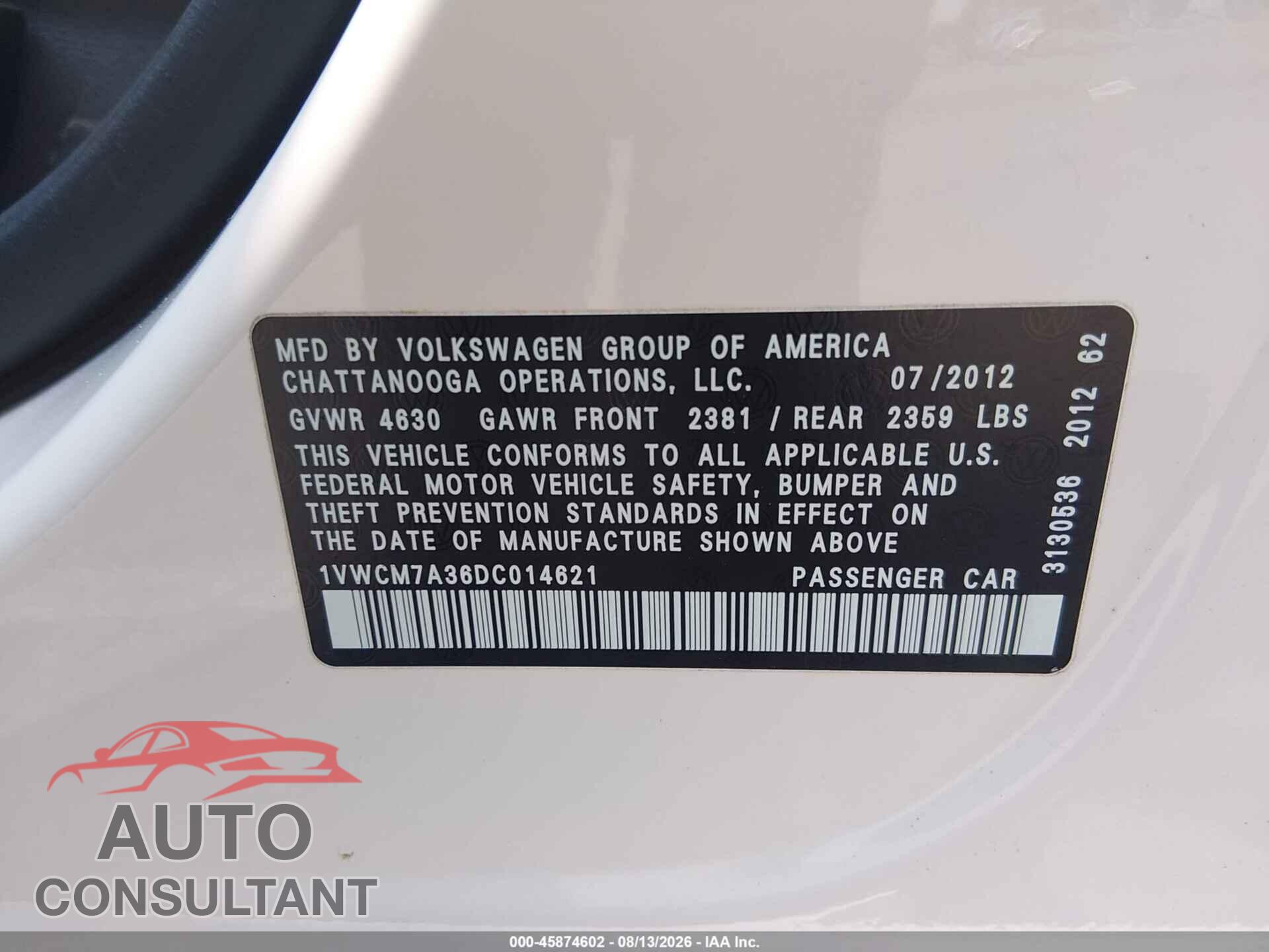 VOLKSWAGEN PASSAT 2013 - 1VWCM7A36DC014621