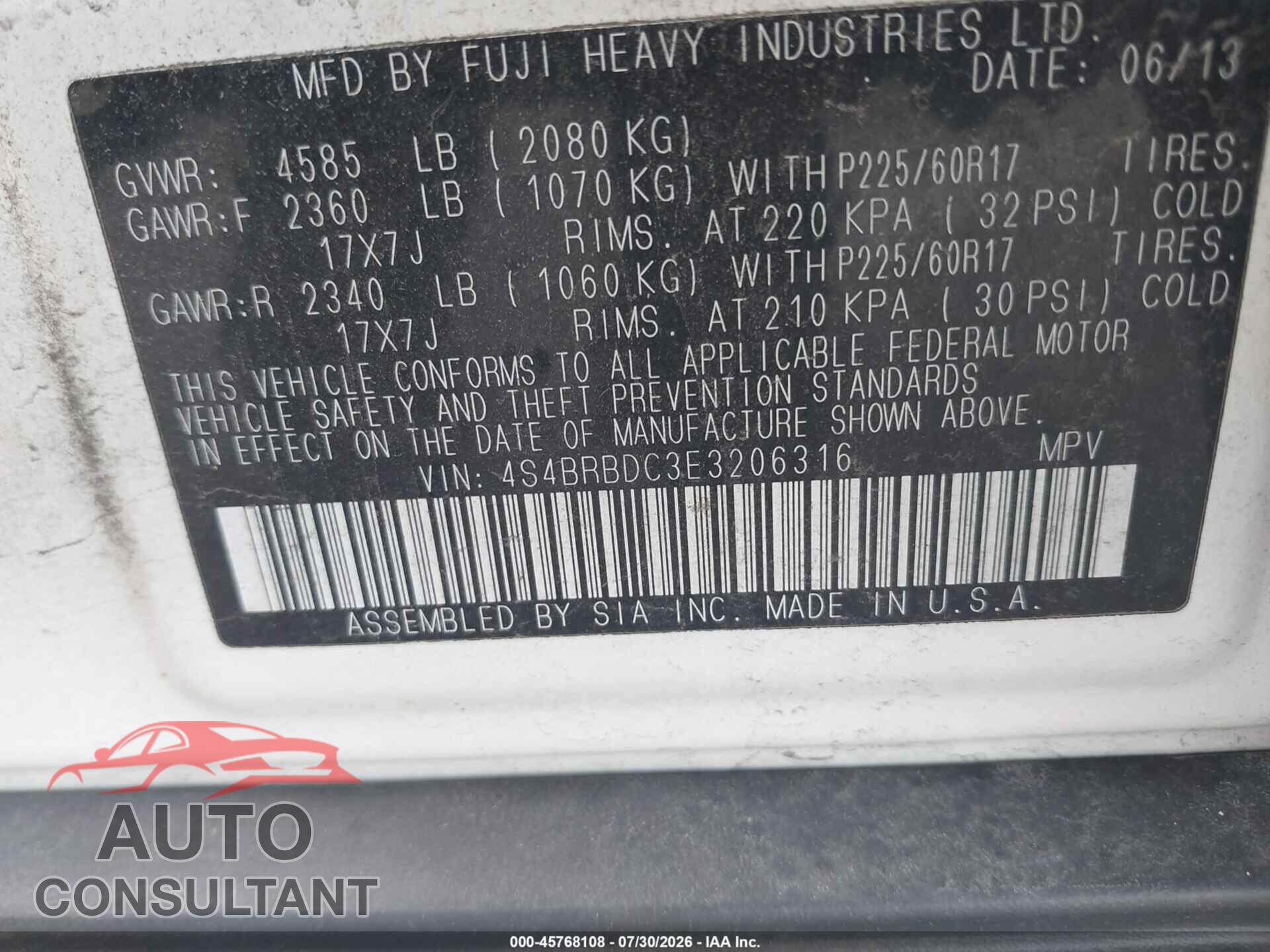 SUBARU OUTBACK 2014 - 4S4BRBDC3E3206316