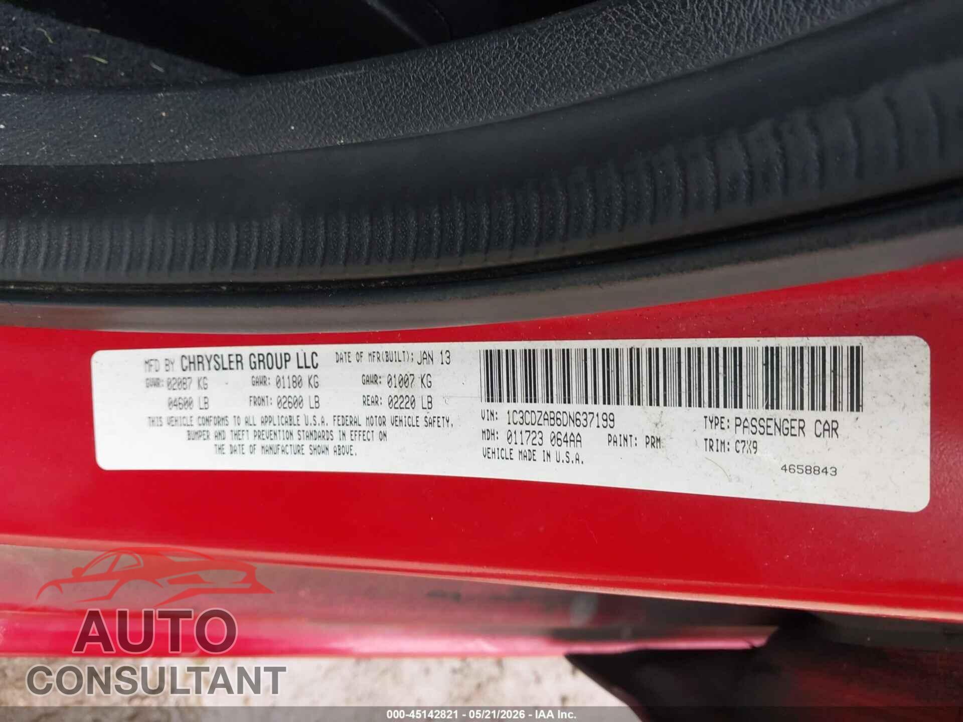 DODGE AVENGER 2013 - 1C3CDZAB6DN637199