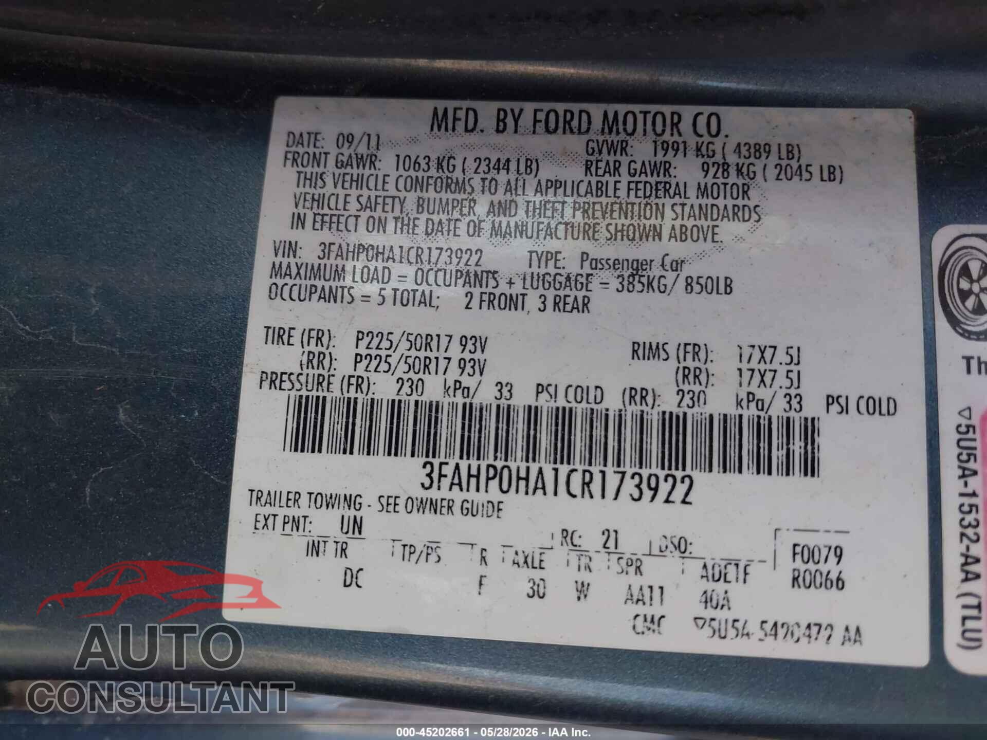 FORD FUSION 2012 - 3FAHP0HA1CR173922