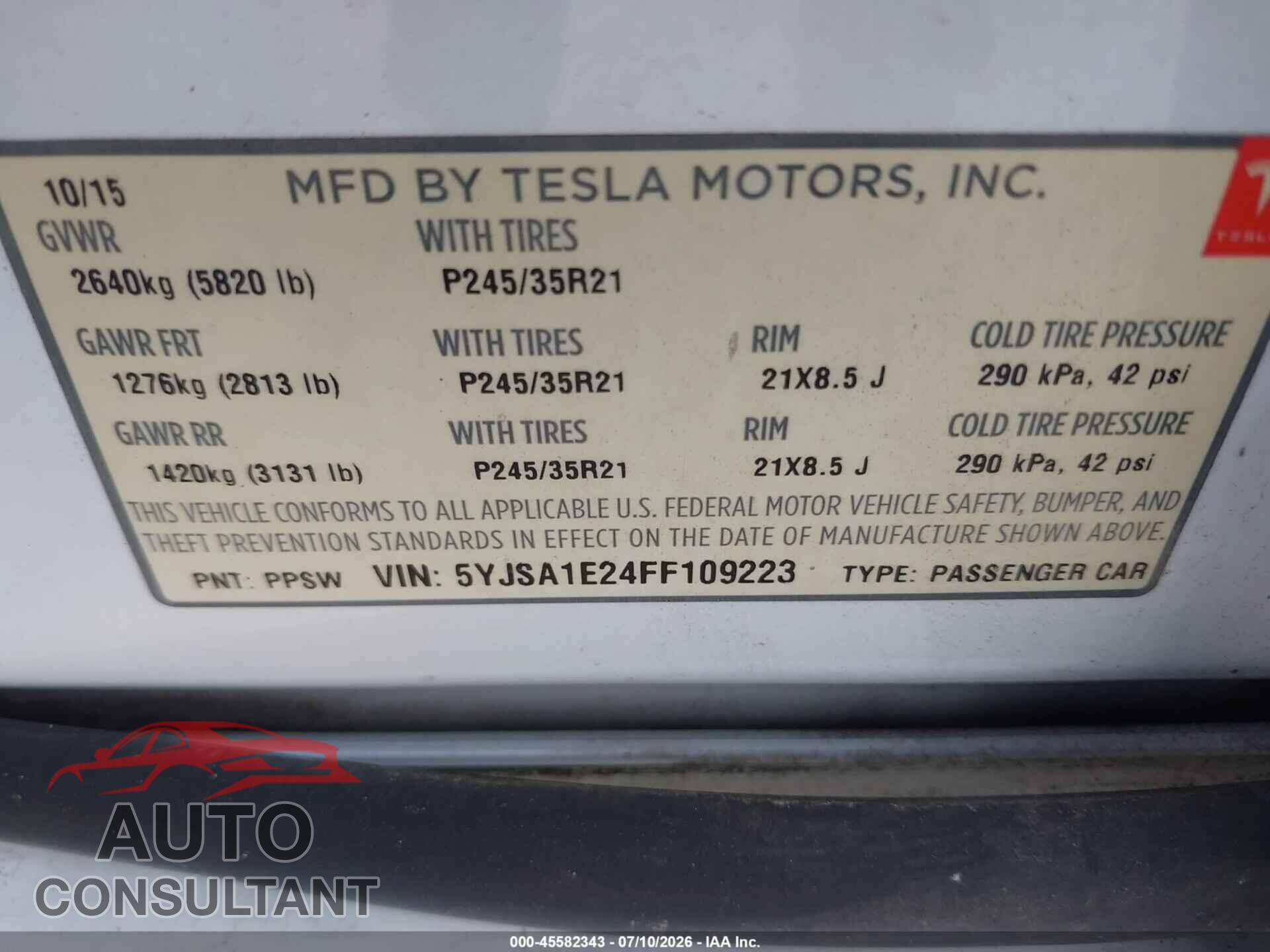 TESLA MODEL S 2015 - 5YJSA1E24FF109223