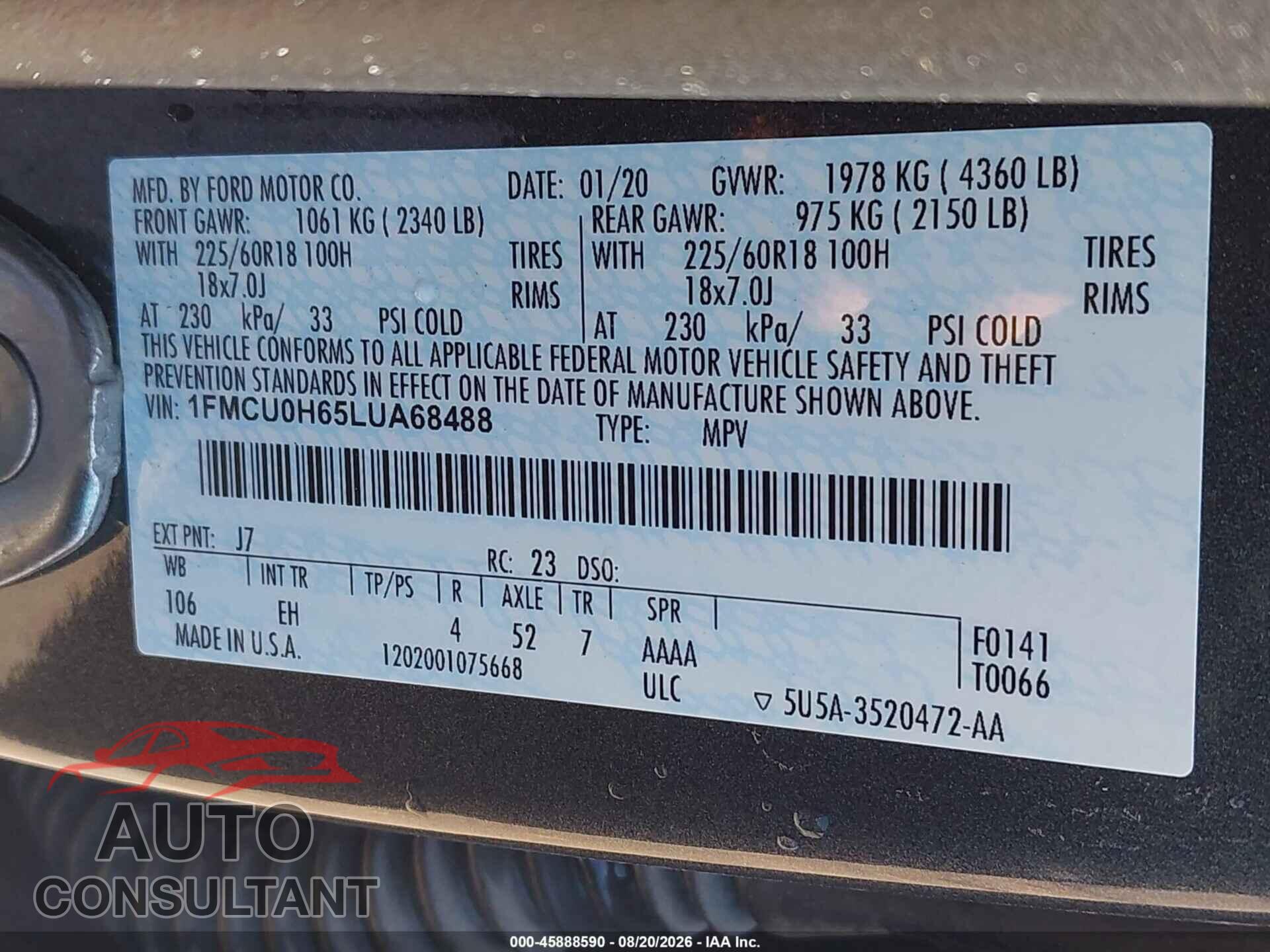 FORD ESCAPE 2020 - 1FMCU0H65LUA68488