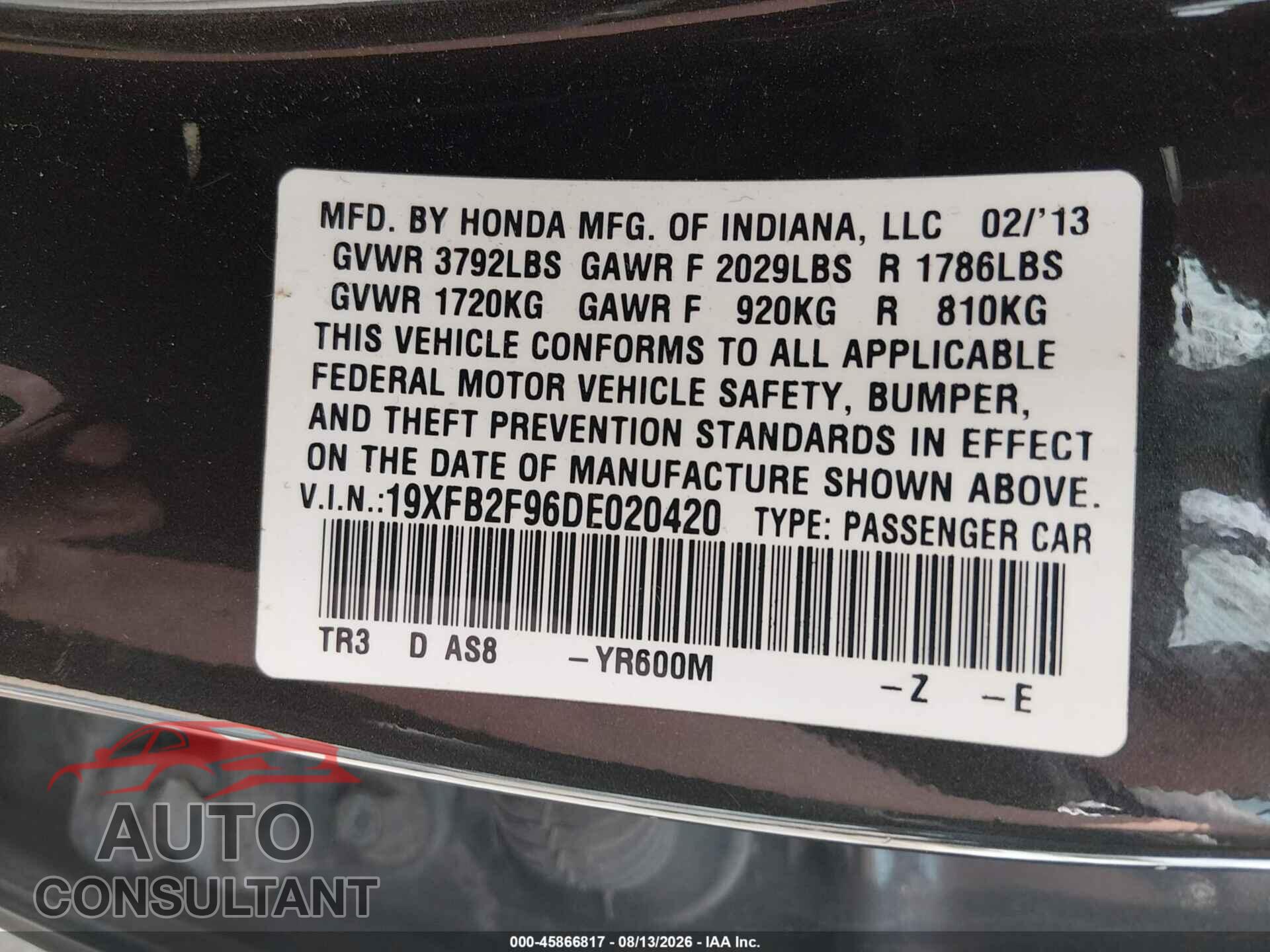 HONDA CIVIC 2013 - 19XFB2F96DE020420