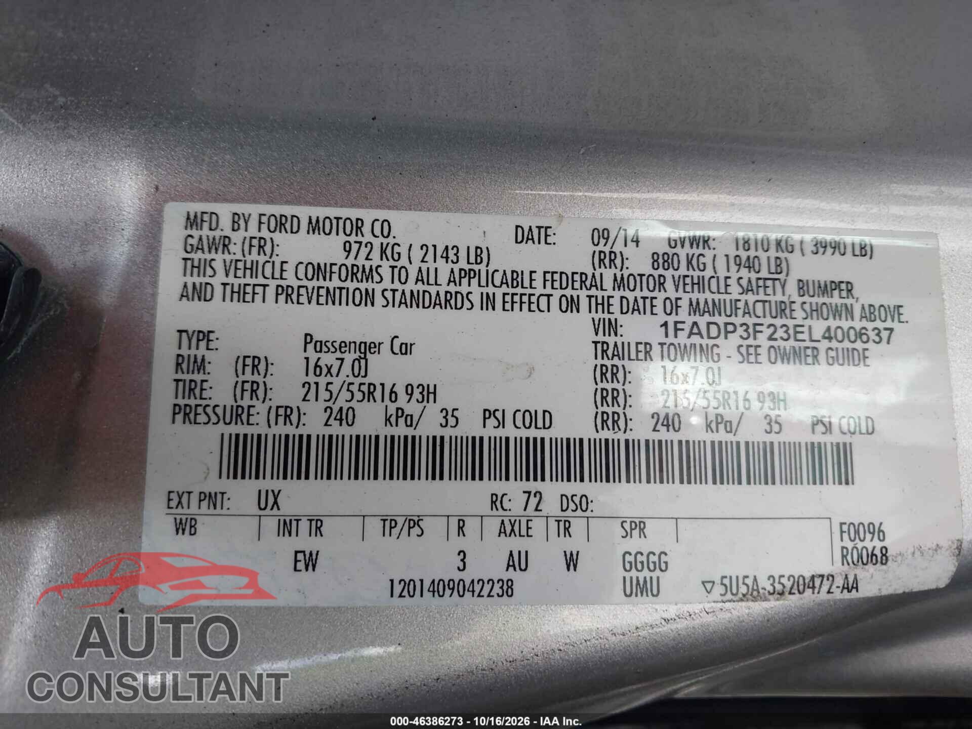 FORD FOCUS 2014 - 1FADP3F23EL400637