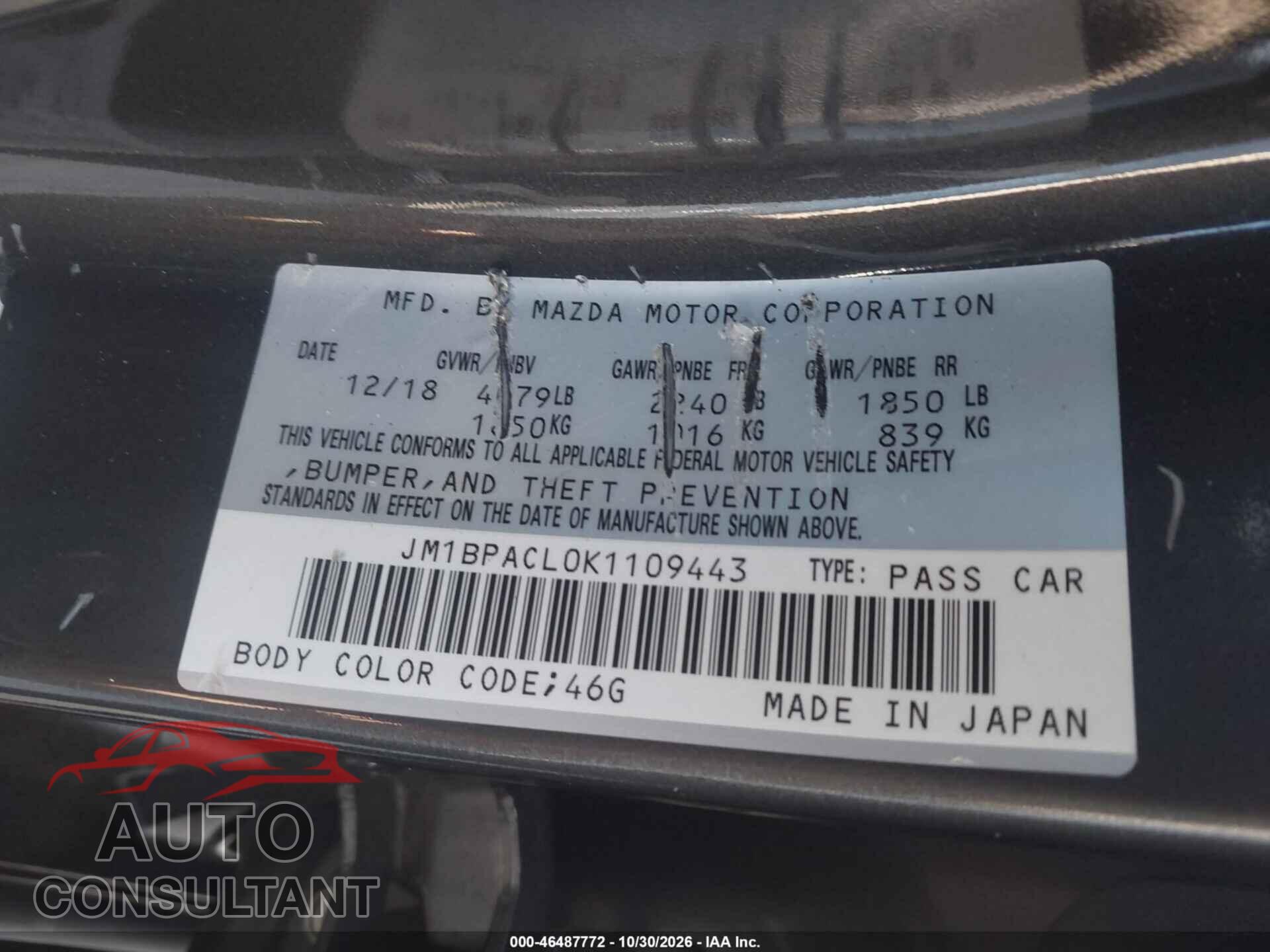 MAZDA MAZDA3 2019 - JM1BPACL0K1109443