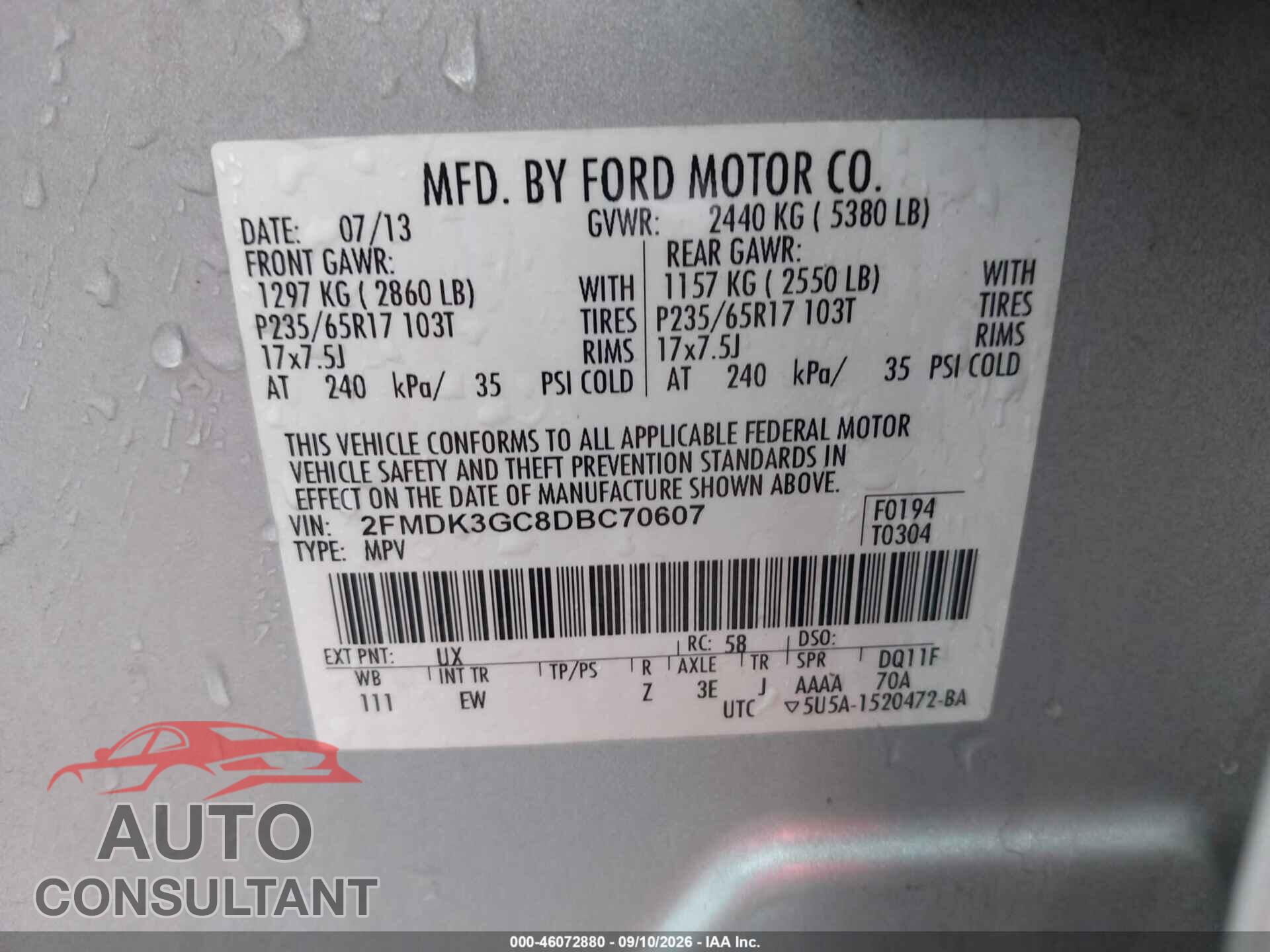 FORD EDGE 2013 - 2FMDK3GC8DBC70607