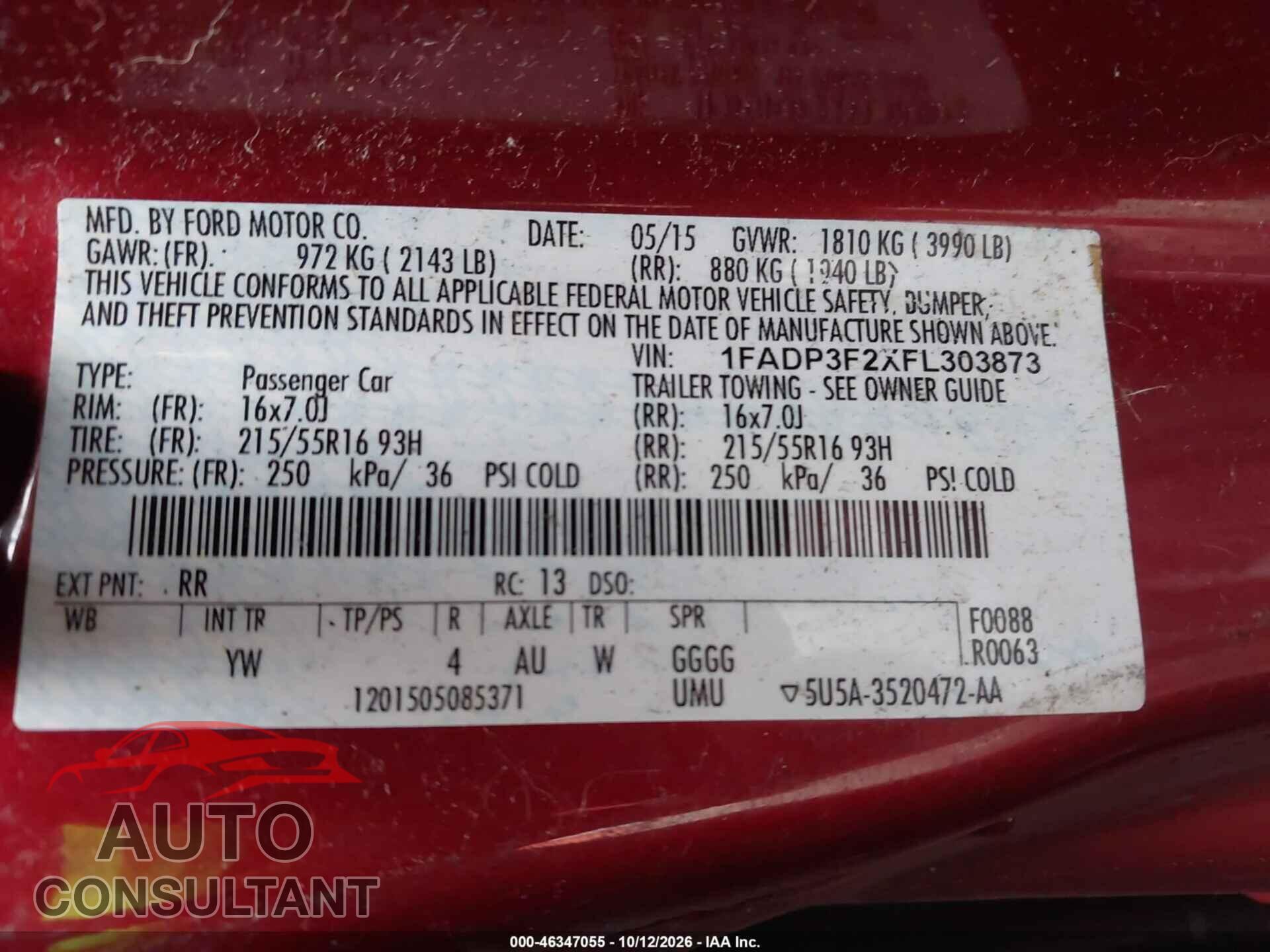FORD FOCUS 2015 - 1FADP3F2XFL303873