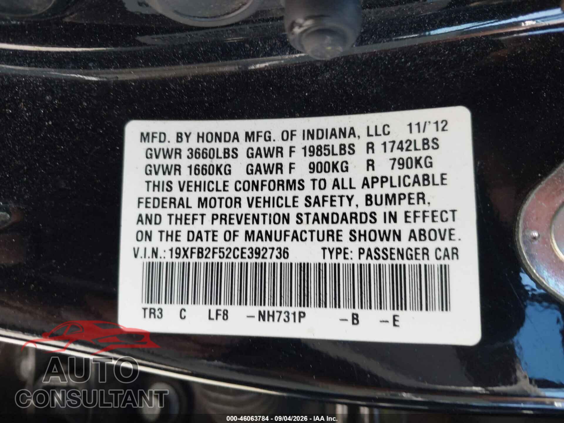 HONDA CIVIC 2012 - 19XFB2F52CE392736