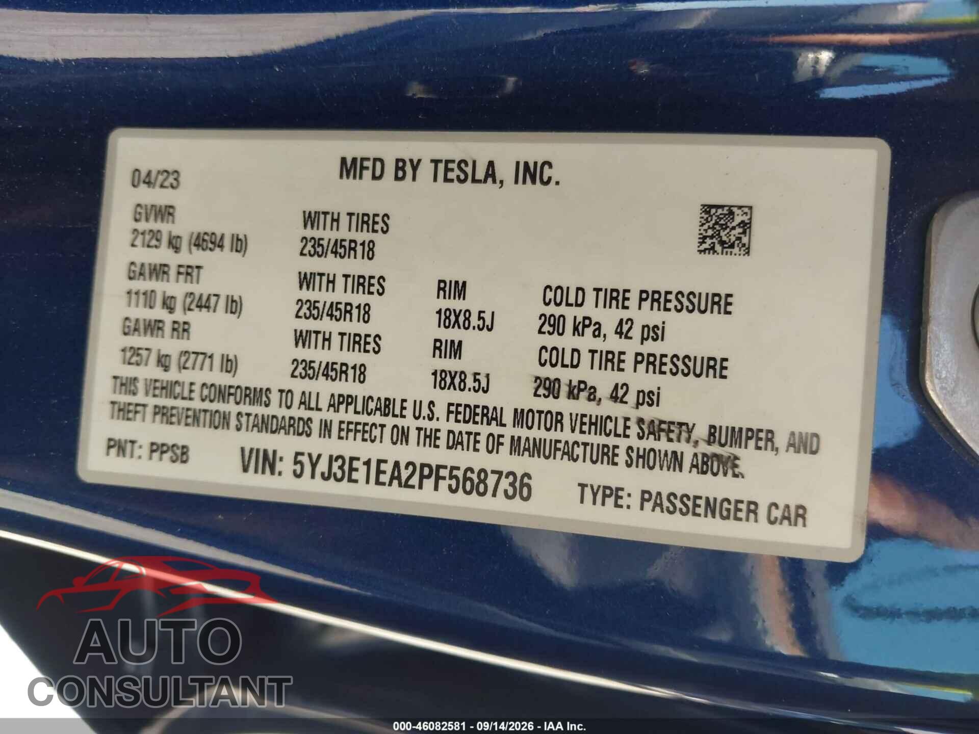 TESLA MODEL 3 2023 - 5YJ3E1EA2PF568736