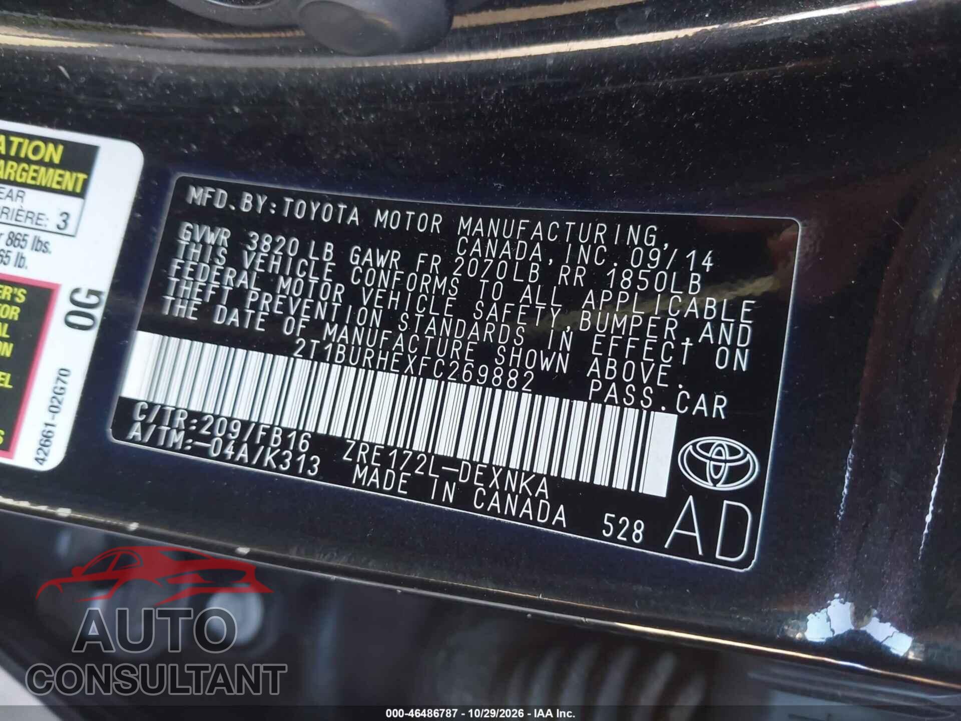 TOYOTA COROLLA 2015 - 2T1BURHEXFC269882