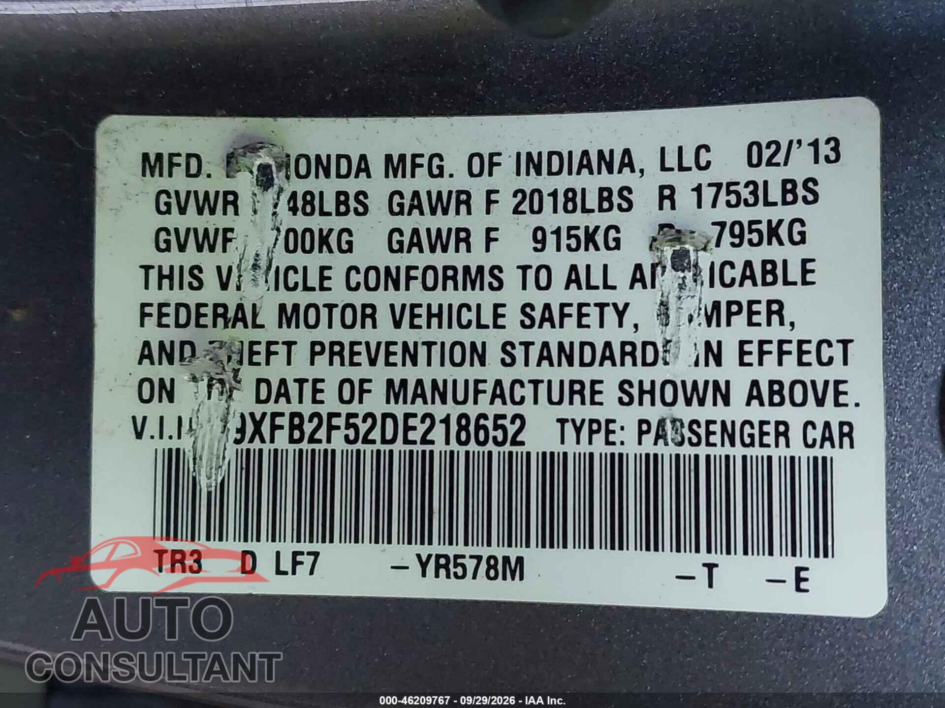 HONDA CIVIC 2013 - 19XFB2F52DE218652