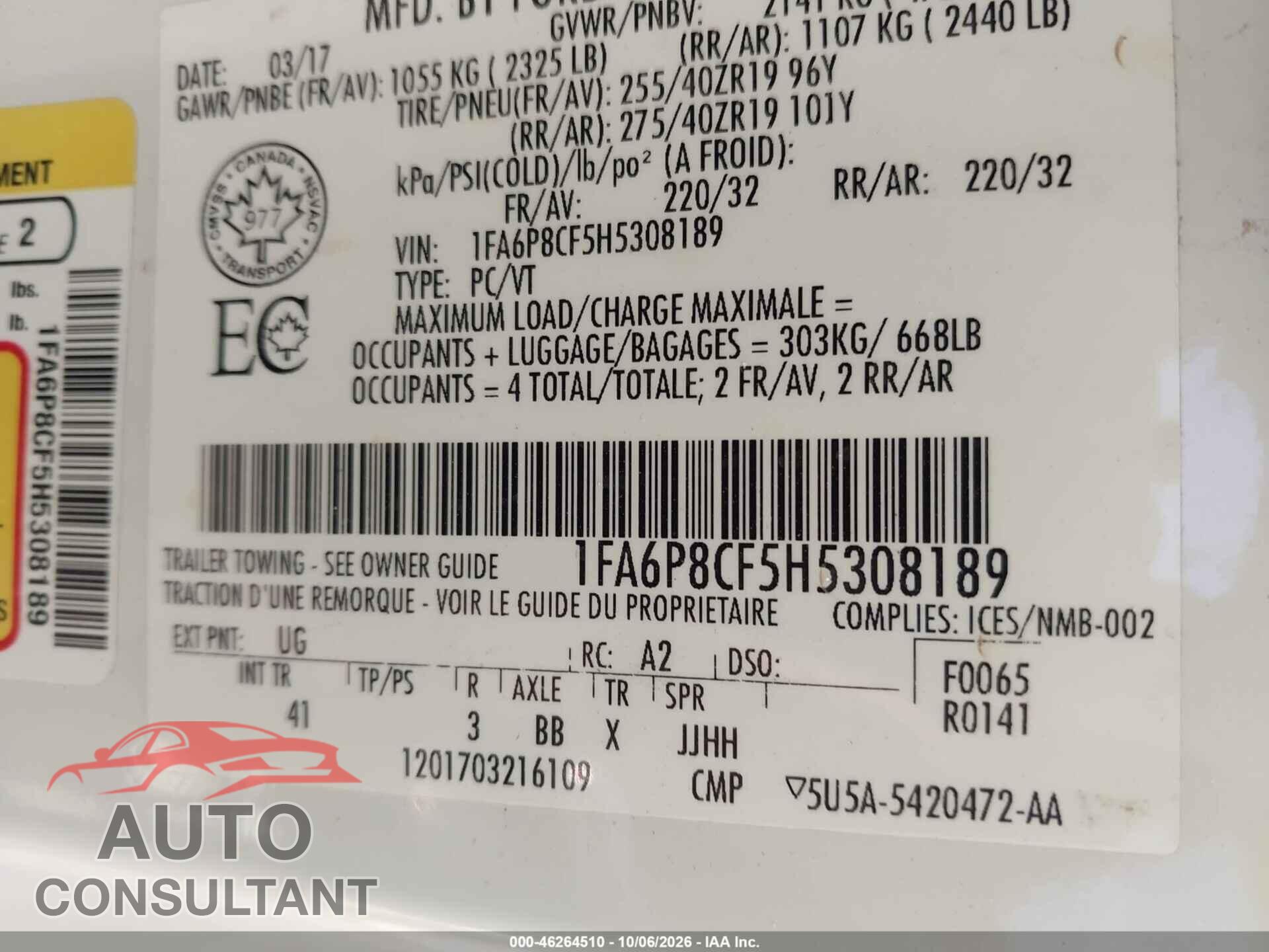 FORD MUSTANG 2017 - 1FA6P8CF5H5308189