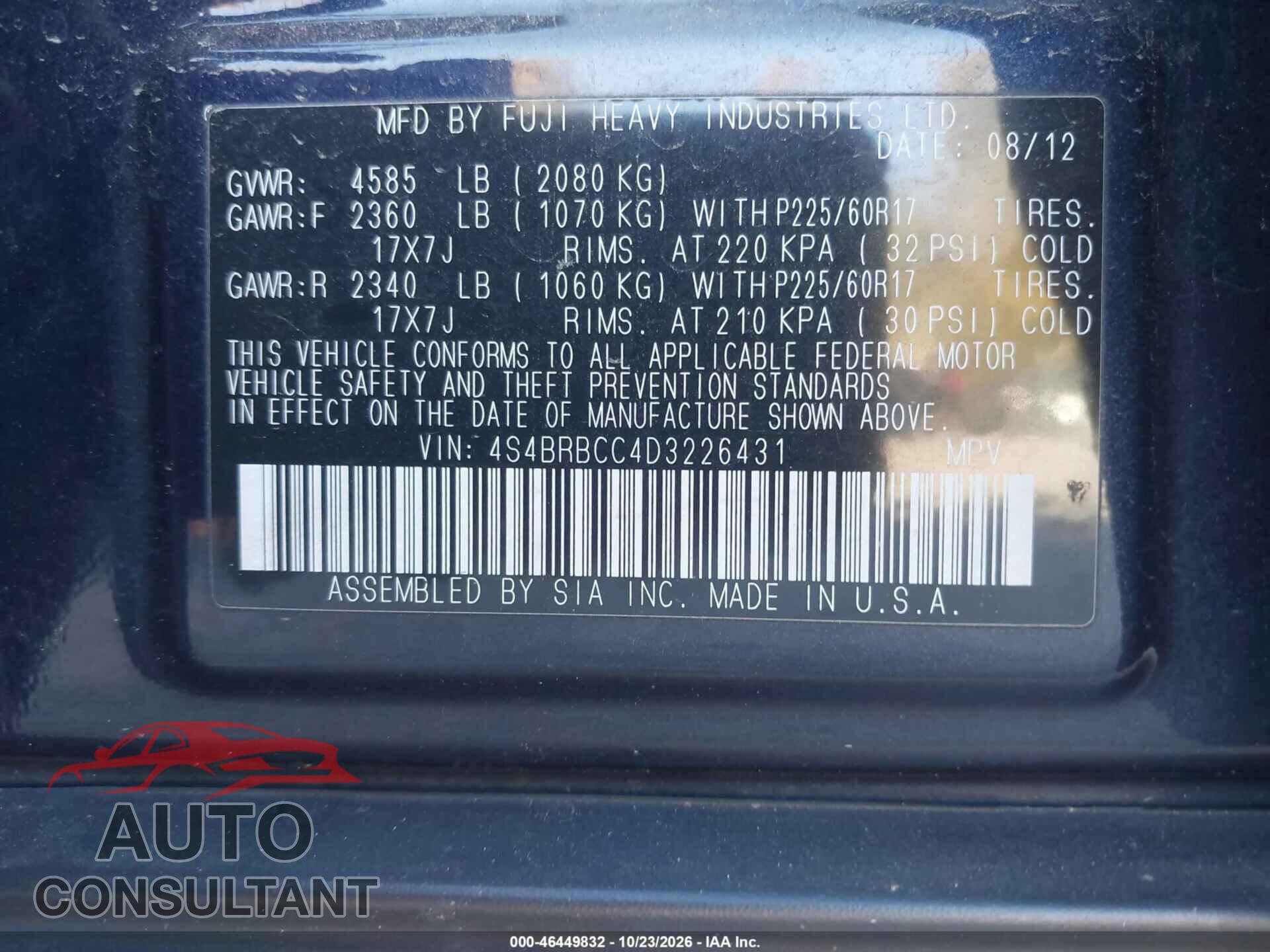 SUBARU OUTBACK 2013 - 4S4BRBCC4D3226431