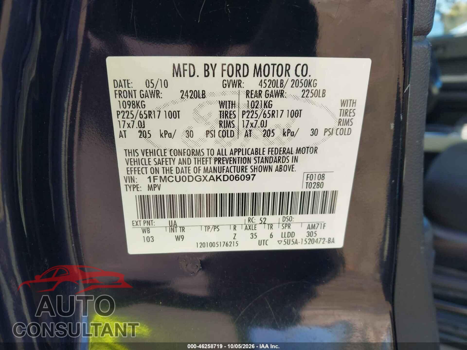 FORD ESCAPE 2010 - 1FMCU0DGXAKD06097