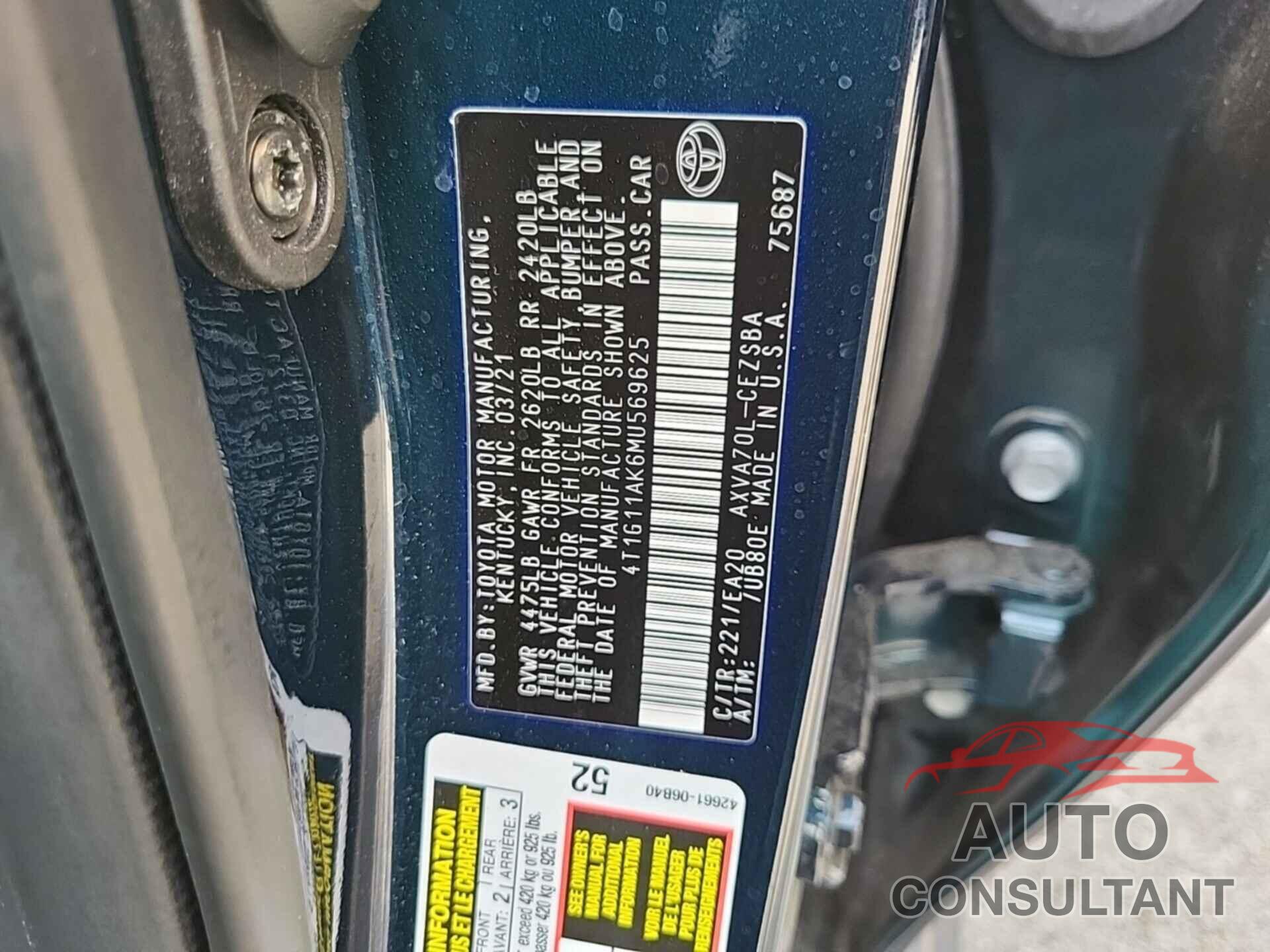 TOYOTA CAMRY 2021 - 4T1G11AK6MU569625