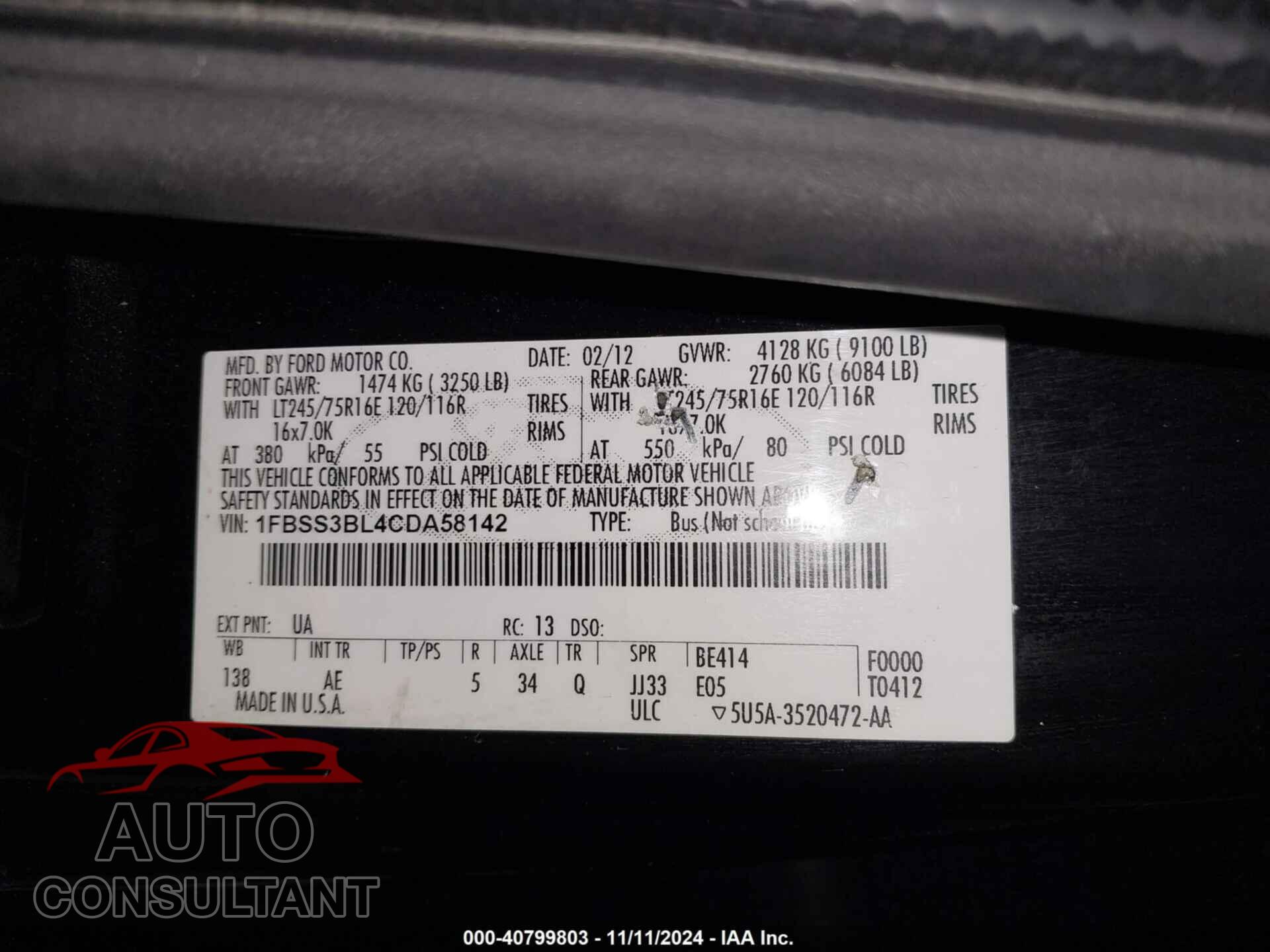 FORD E-350 SUPER DUTY 2012 - 1FBSS3BL4CDA58142
