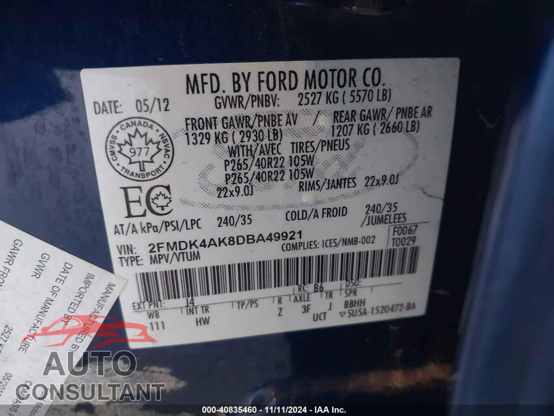 FORD EDGE 2013 - 2FMDK4AK8DBA49921