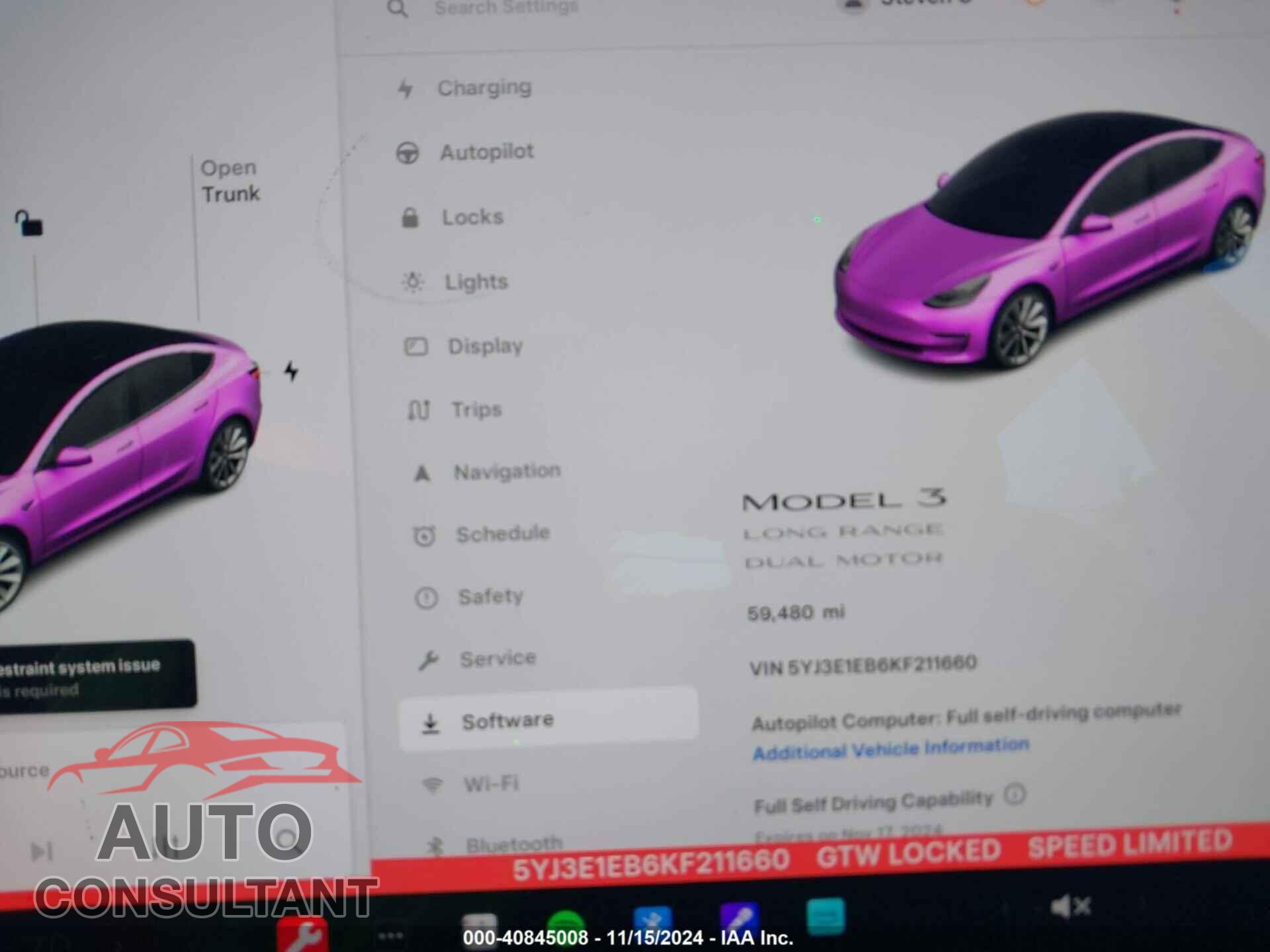 TESLA MODEL 3 2019 - 5YJ3E1EB6KF211660