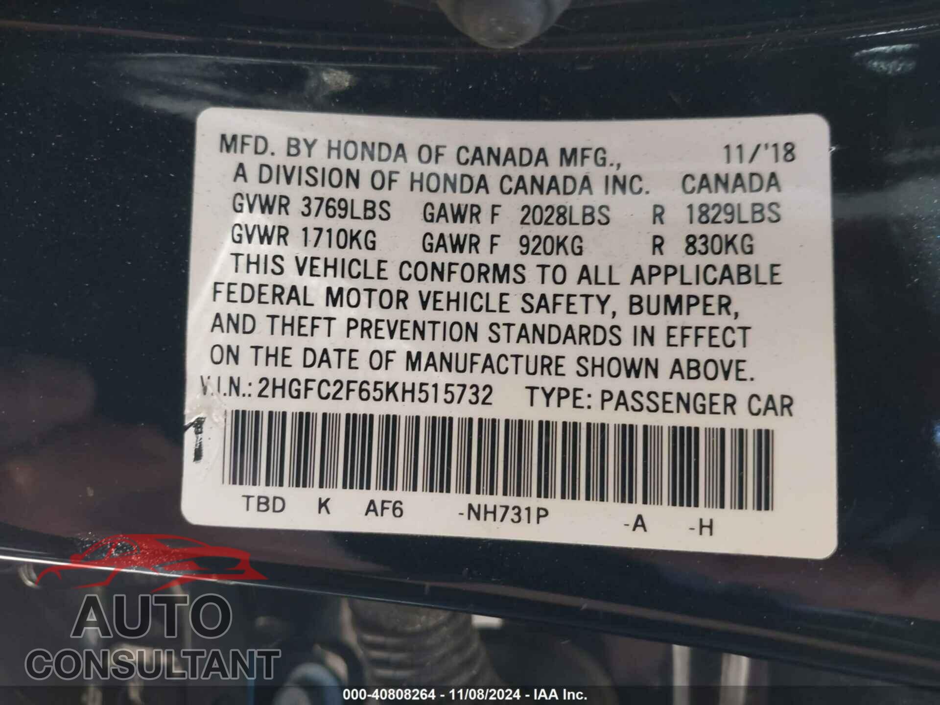 HONDA CIVIC 2019 - 2HGFC2F65KH515732