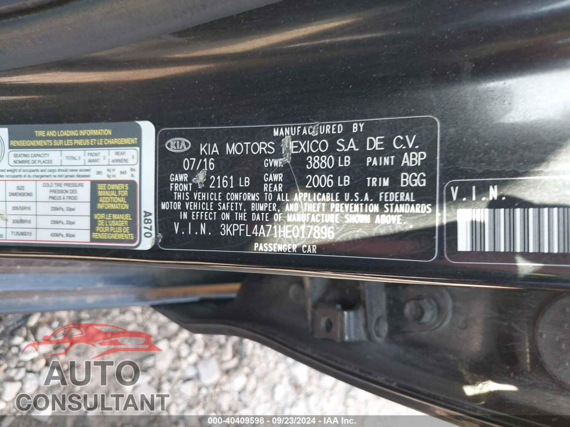 KIA FORTE 2017 - 3KPFL4A71HE017896