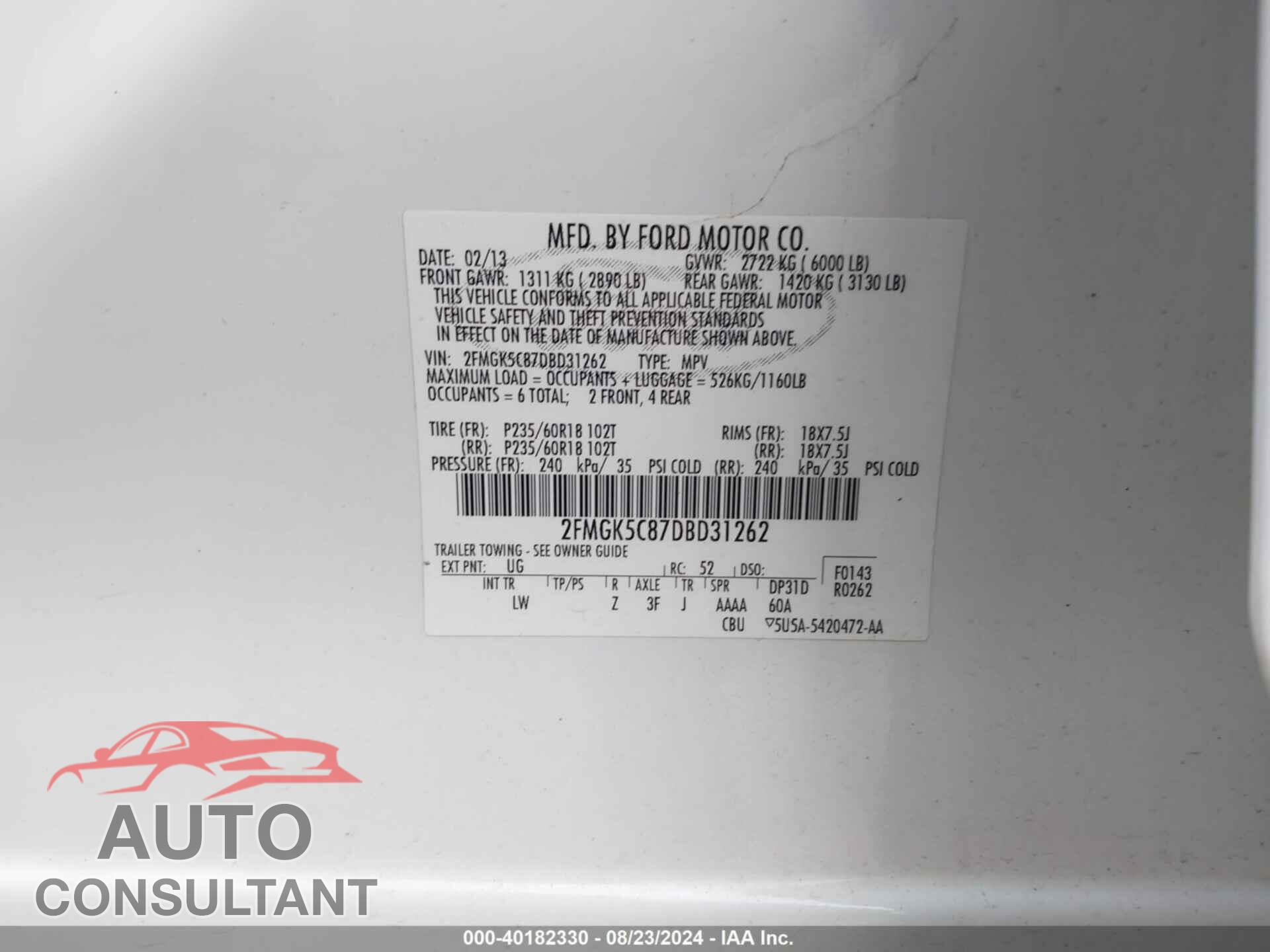 FORD FLEX 2013 - 2FMGK5C87DBD31262