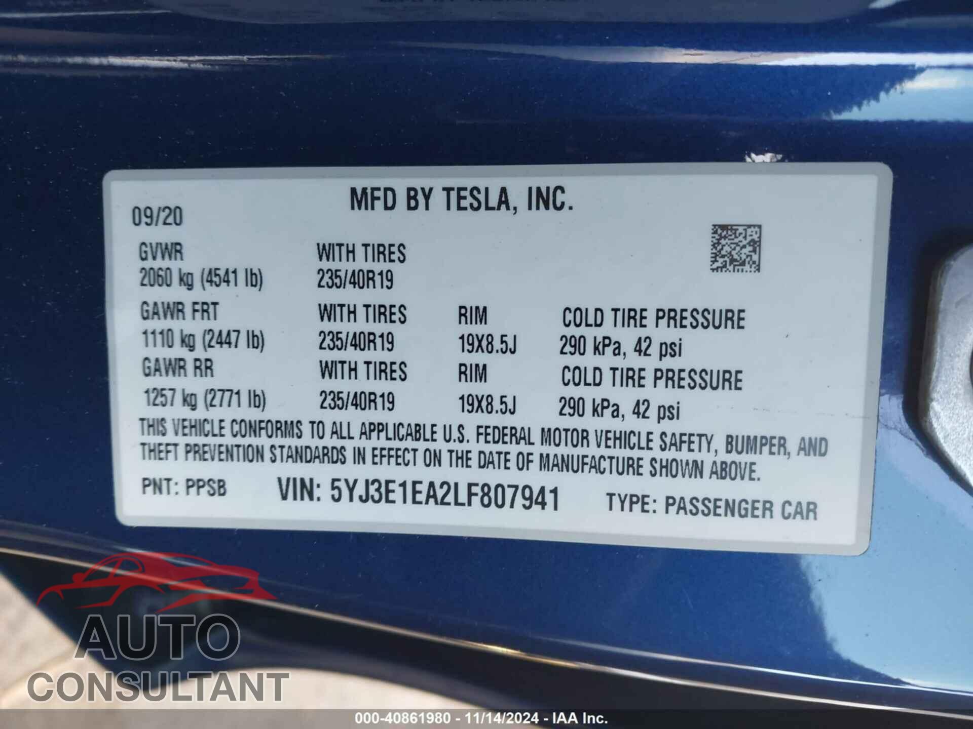 TESLA MODEL 3 2020 - 5YJ3E1EA2LF807941