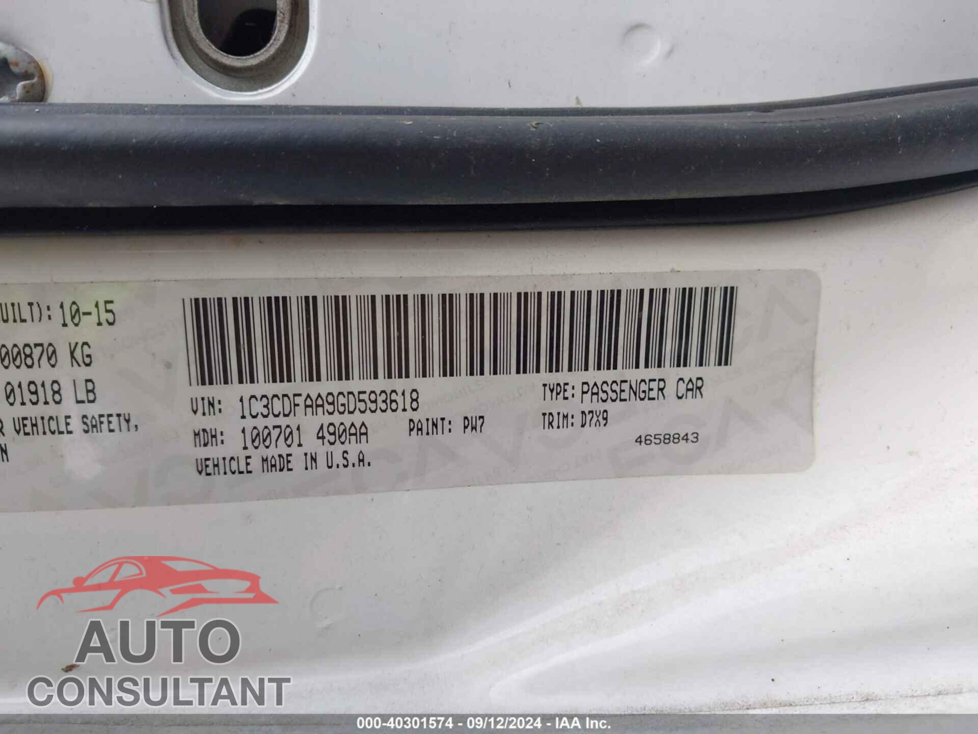DODGE DART 2016 - 1C3CDFAA9GD593618