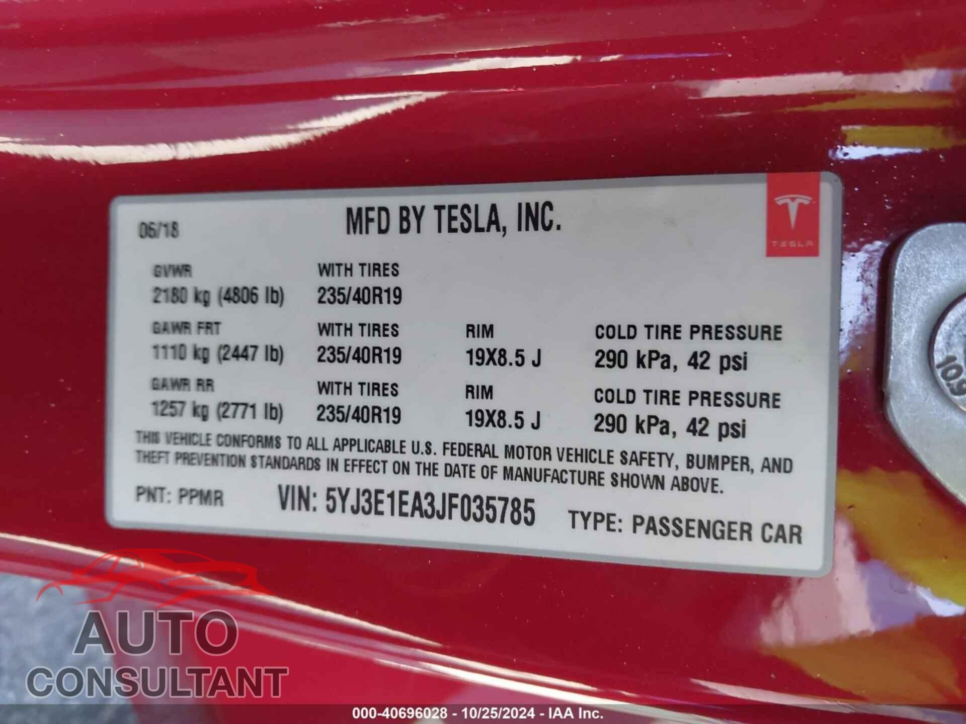 TESLA MODEL 3 2018 - 5YJ3E1EA3JF035785