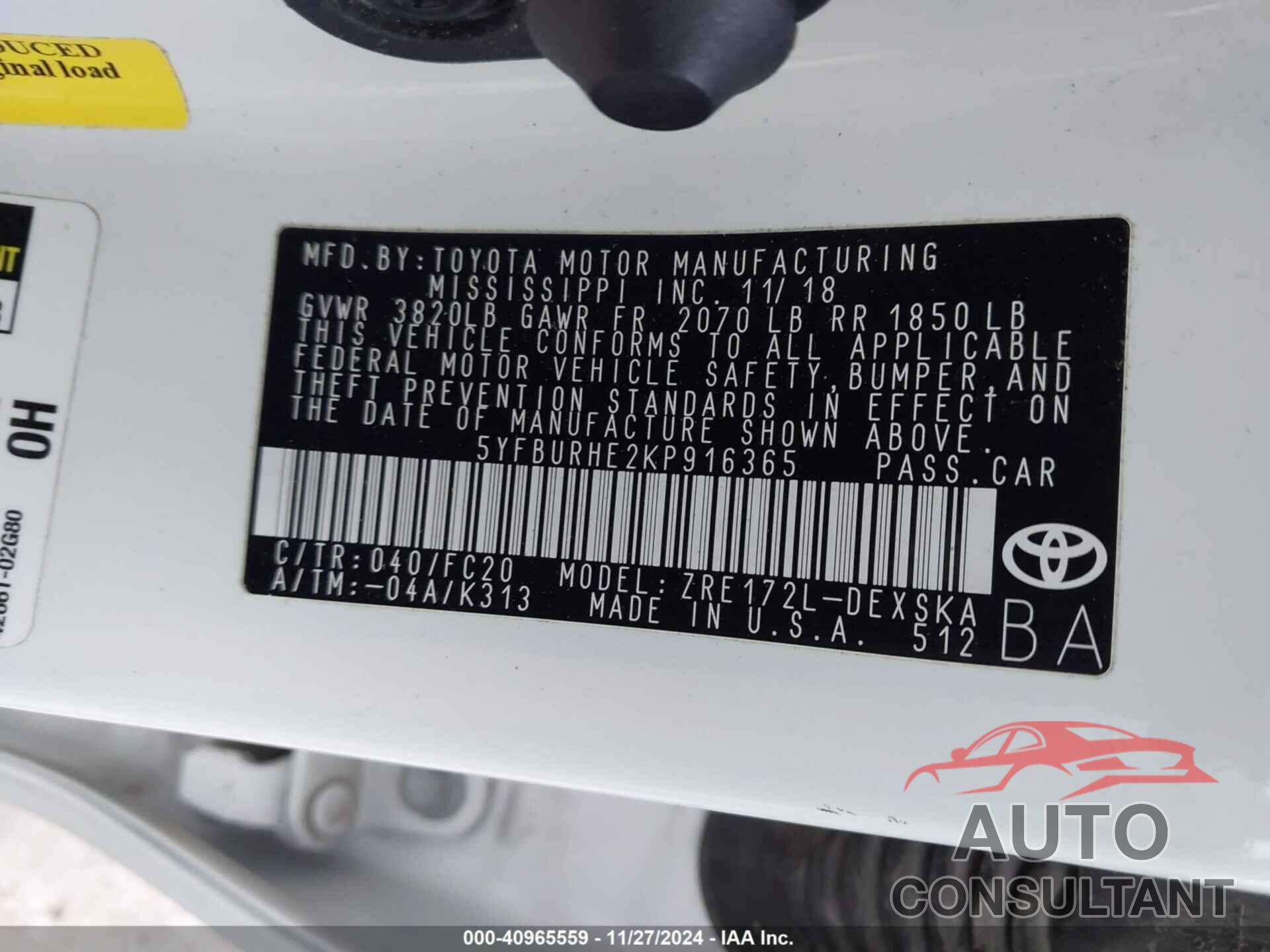 TOYOTA COROLLA 2019 - 5YFBURHE2KP916365
