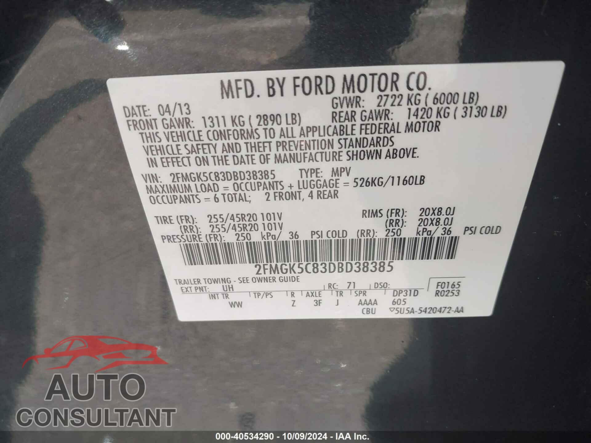 FORD FLEX 2013 - 2FMGK5C83DBD38385