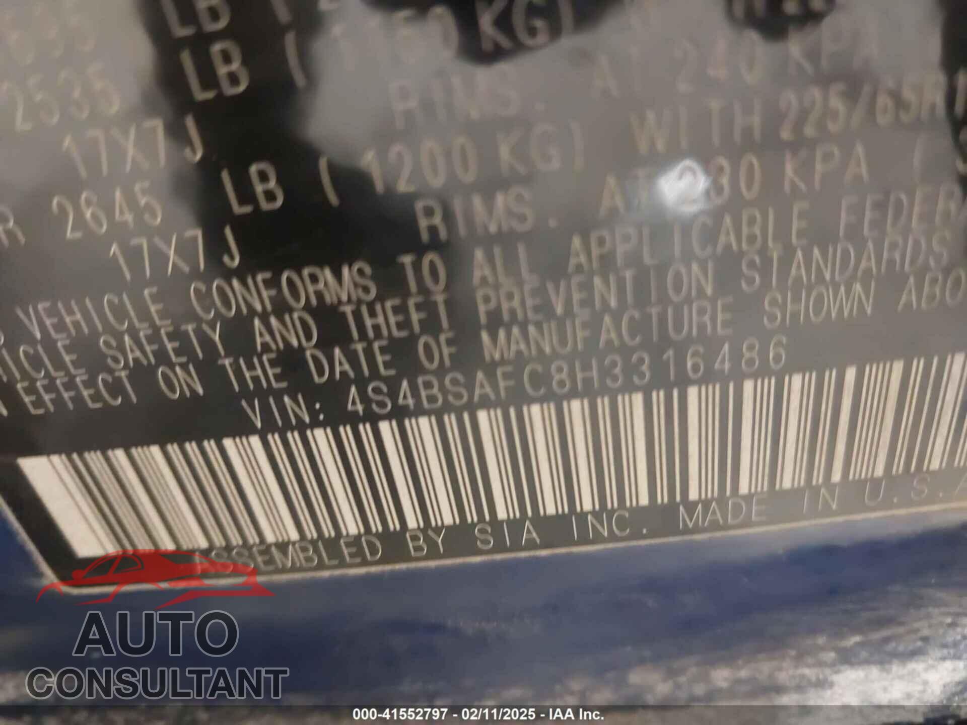 SUBARU OUTBACK 2017 - 4S4BSAFC8H3316486