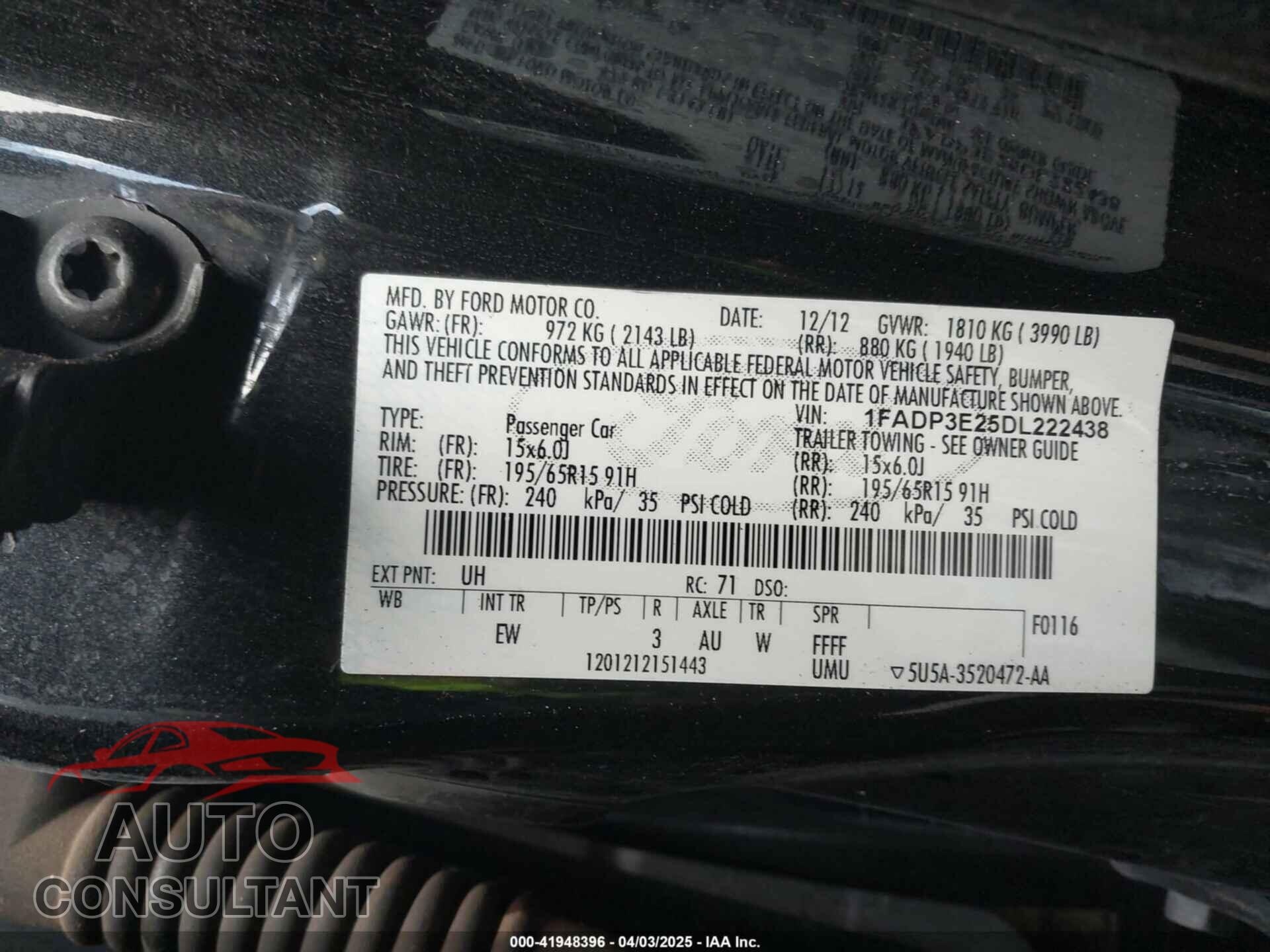 FORD FOCUS 2013 - 1FADP3E25DL222438
