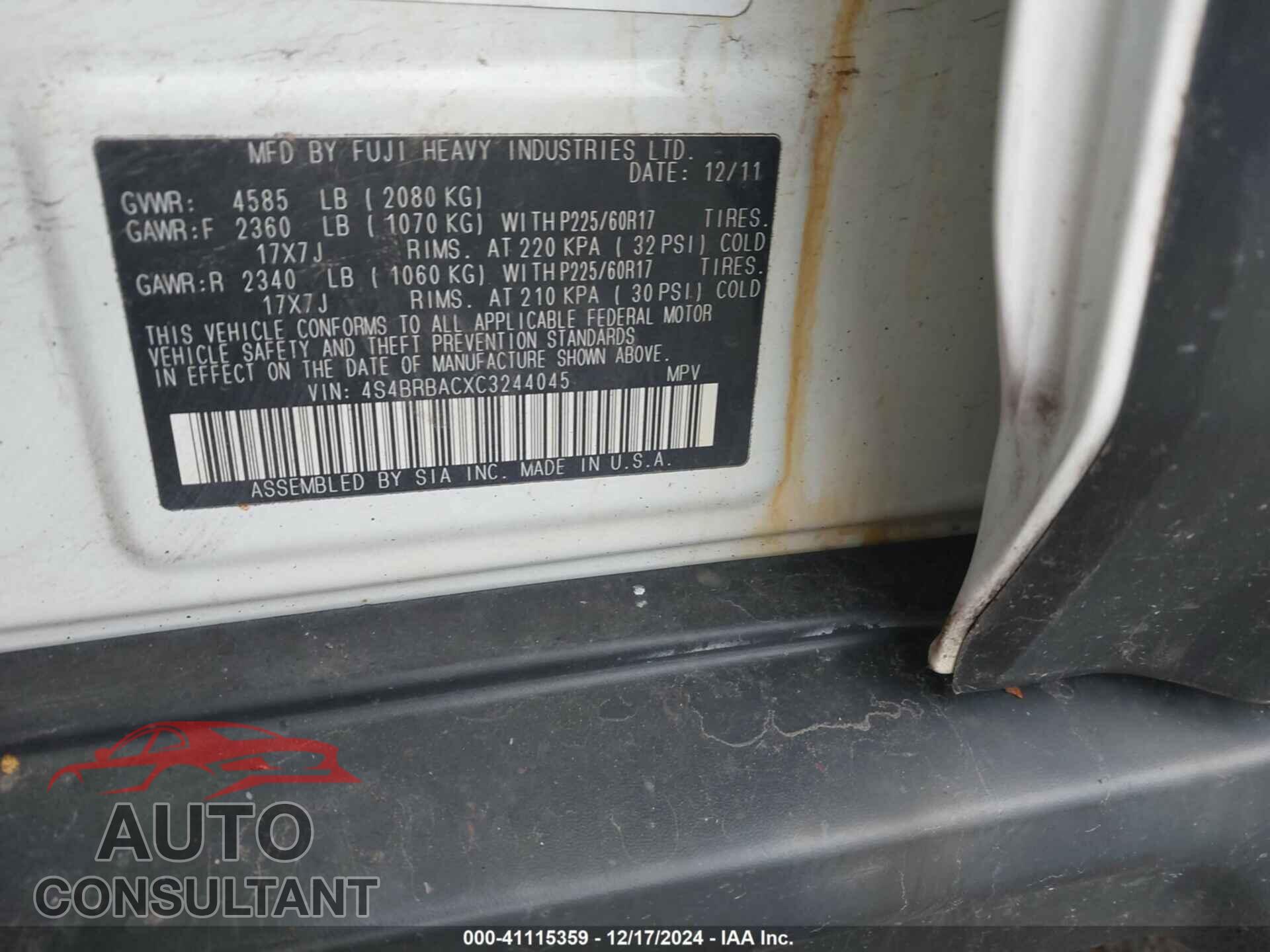 SUBARU OUTBACK 2012 - 4S4BRBACXC3244045