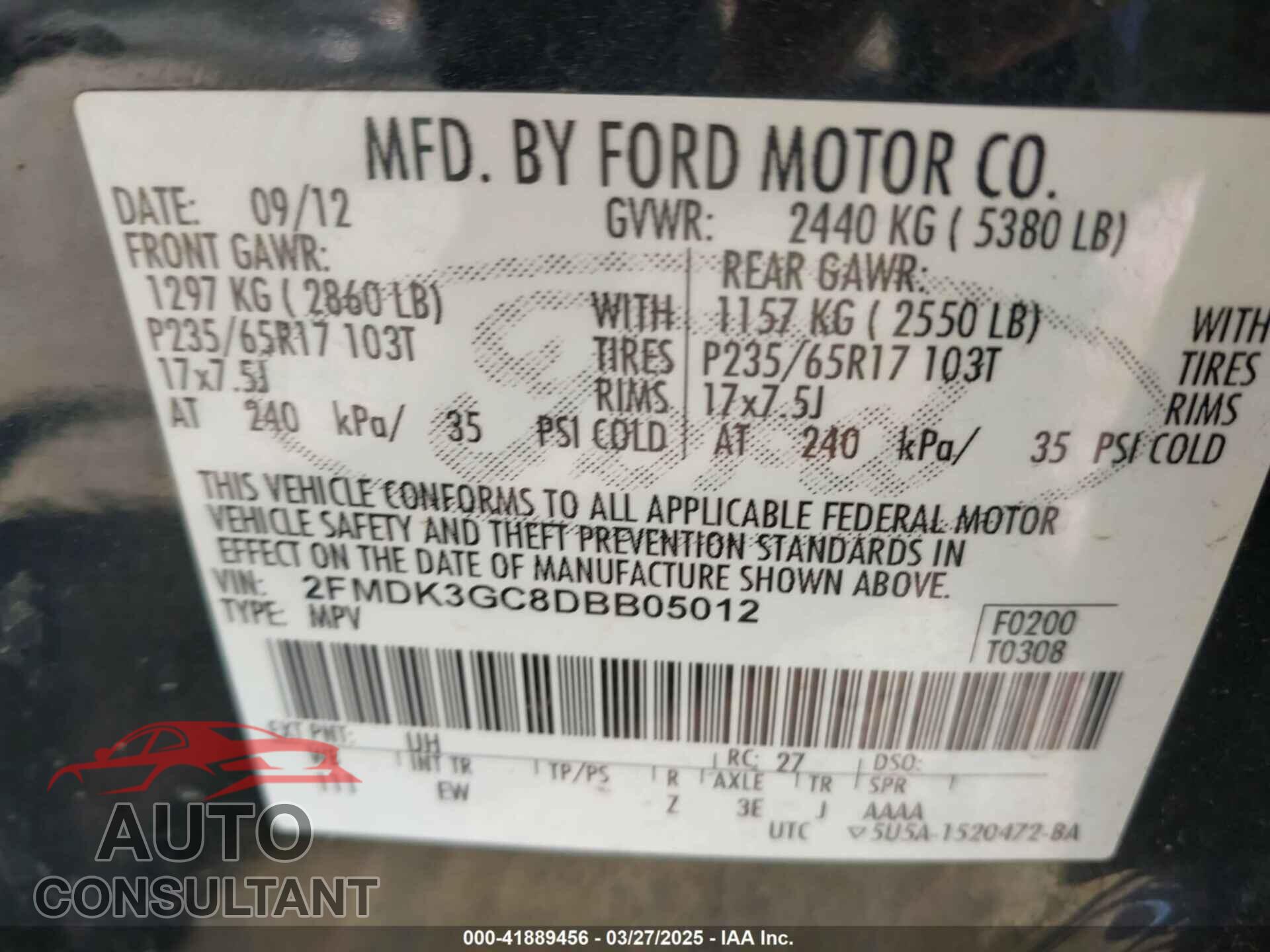 FORD EDGE 2013 - 2FMDK3GC8DBB05012
