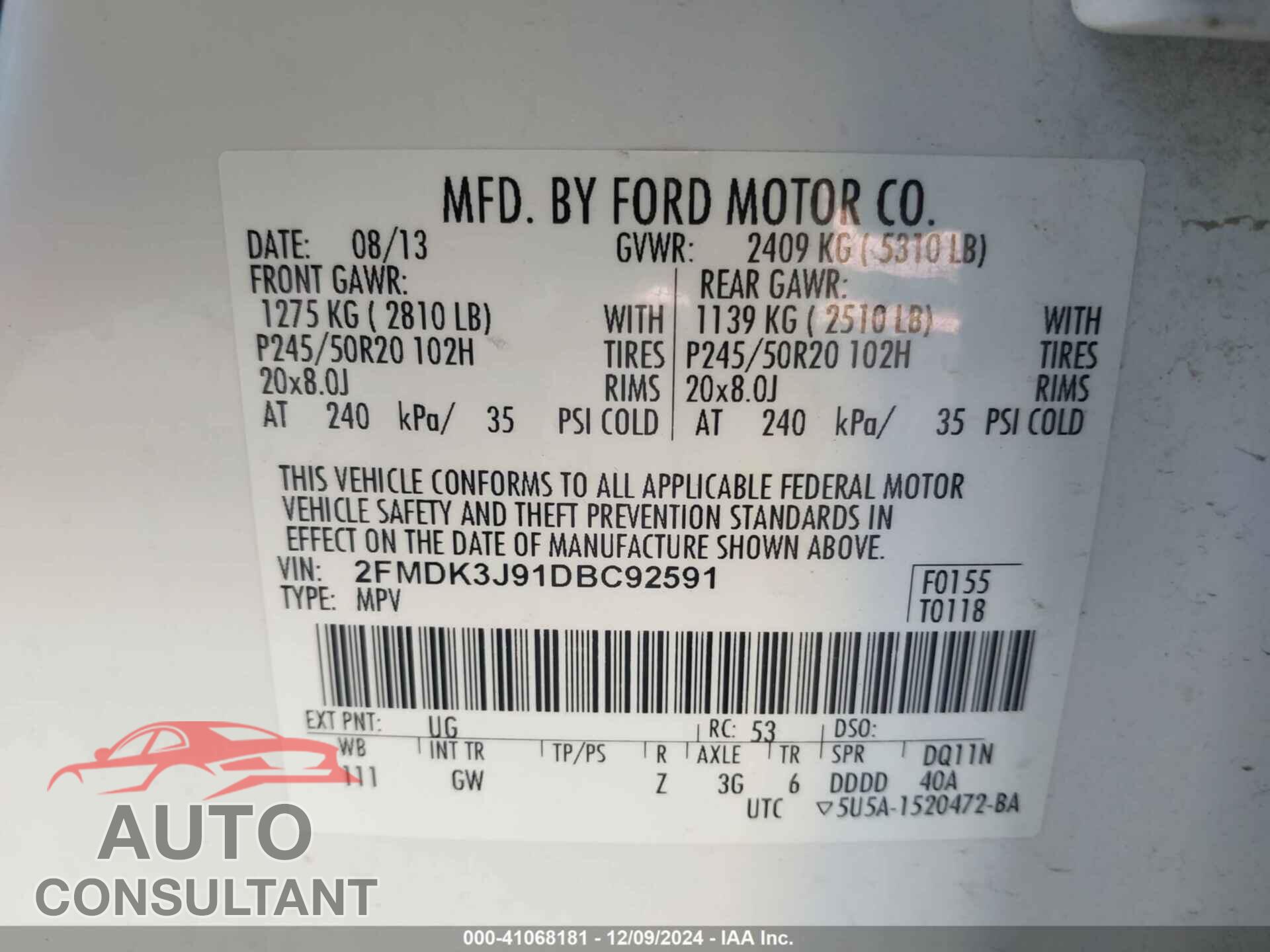 FORD EDGE 2013 - 2FMDK3J91DBC92591
