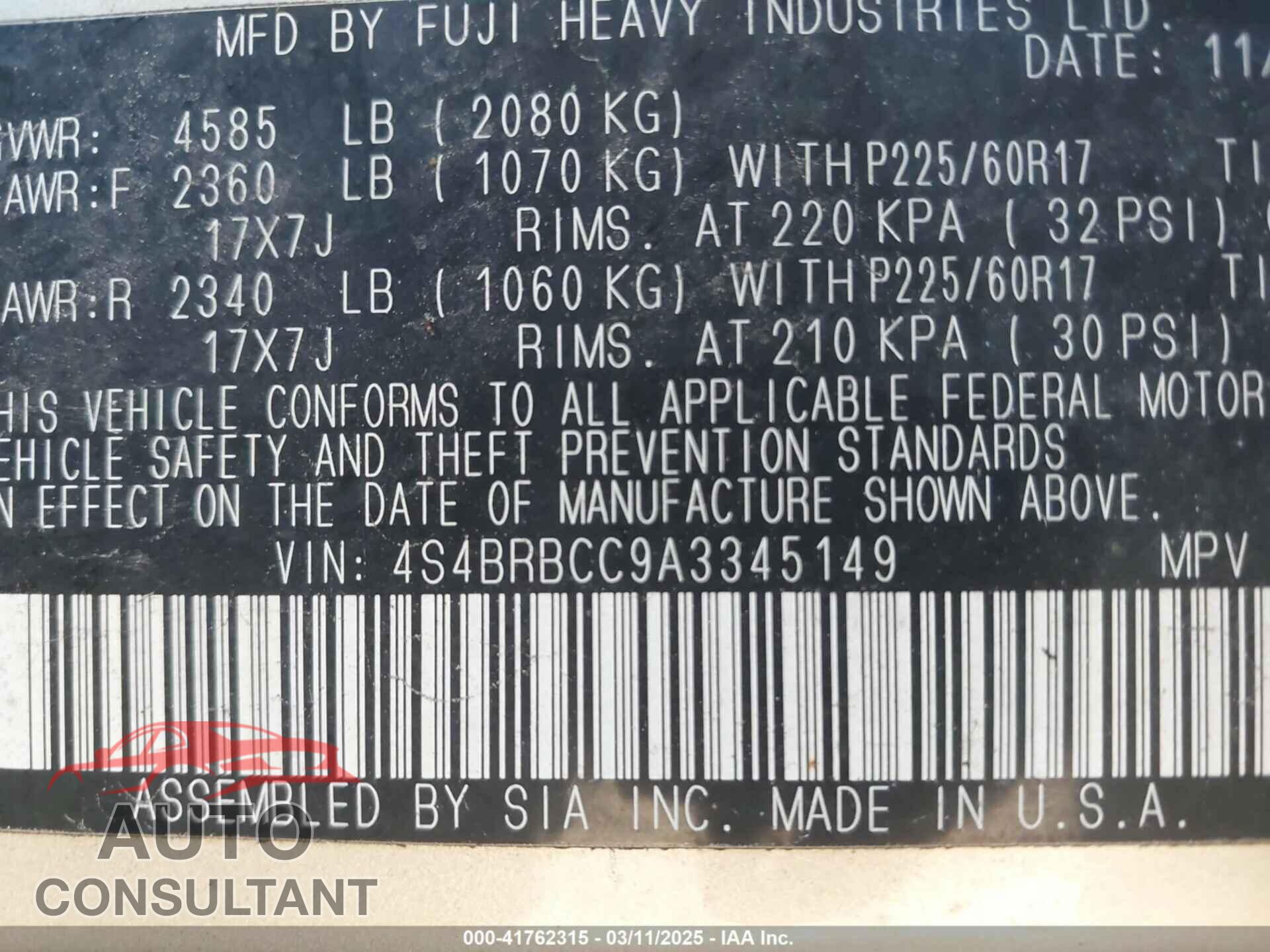 SUBARU OUTBACK 2010 - 4S4BRBCC9A3345149