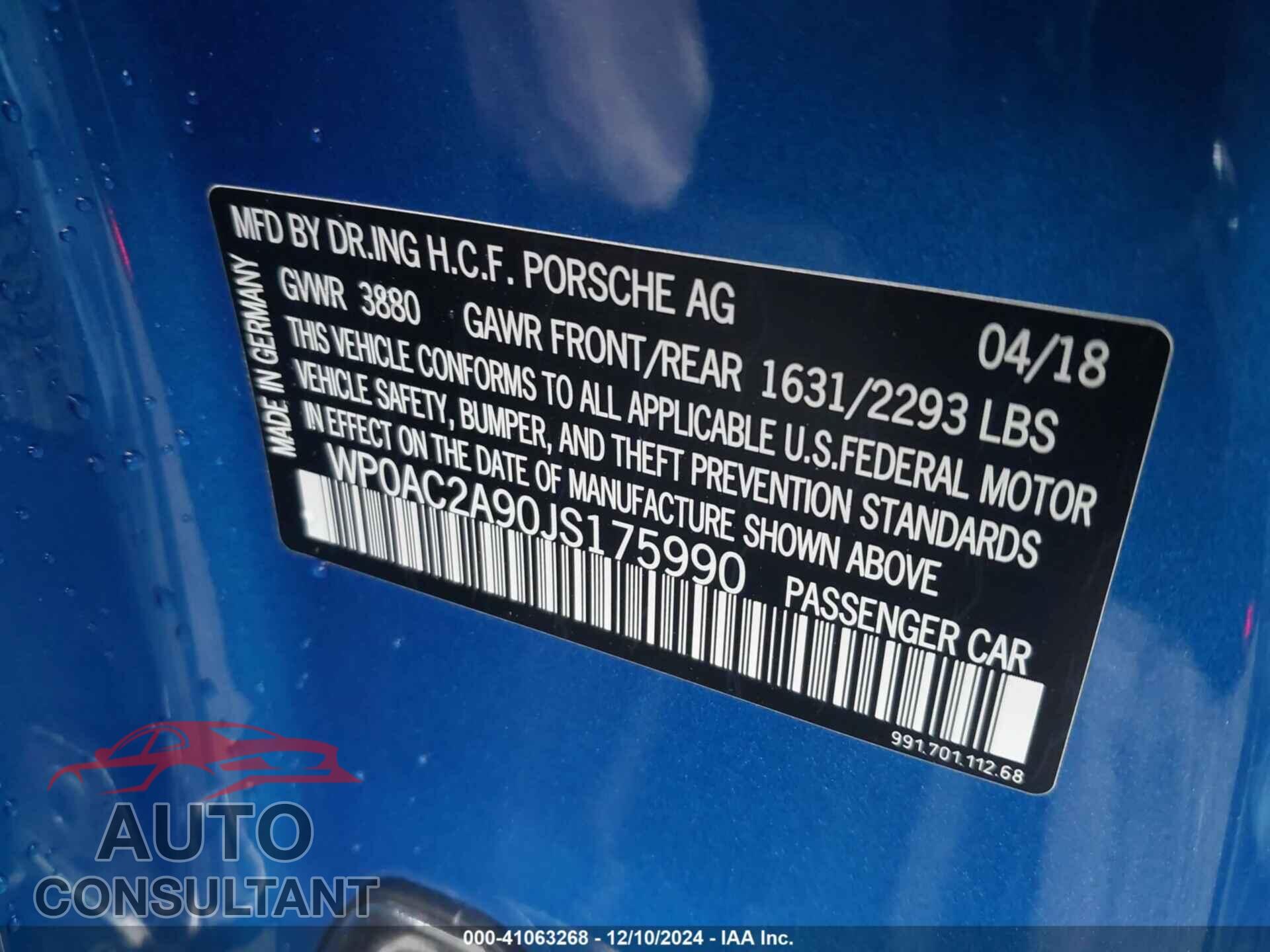 PORSCHE 911 2018 - WP0AC2A90JS175990