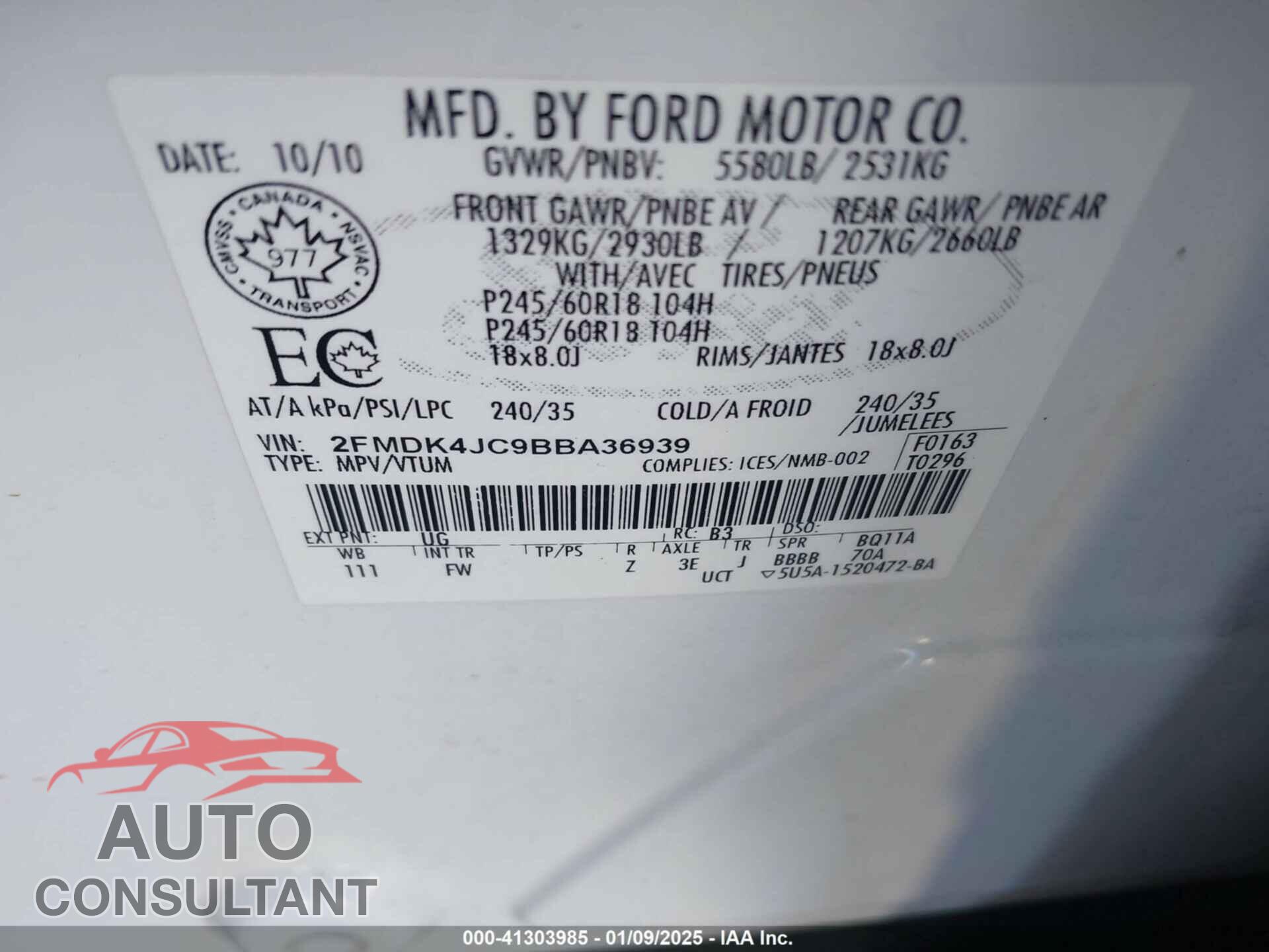 FORD EDGE 2011 - 2FMDK4JC9BBA36939