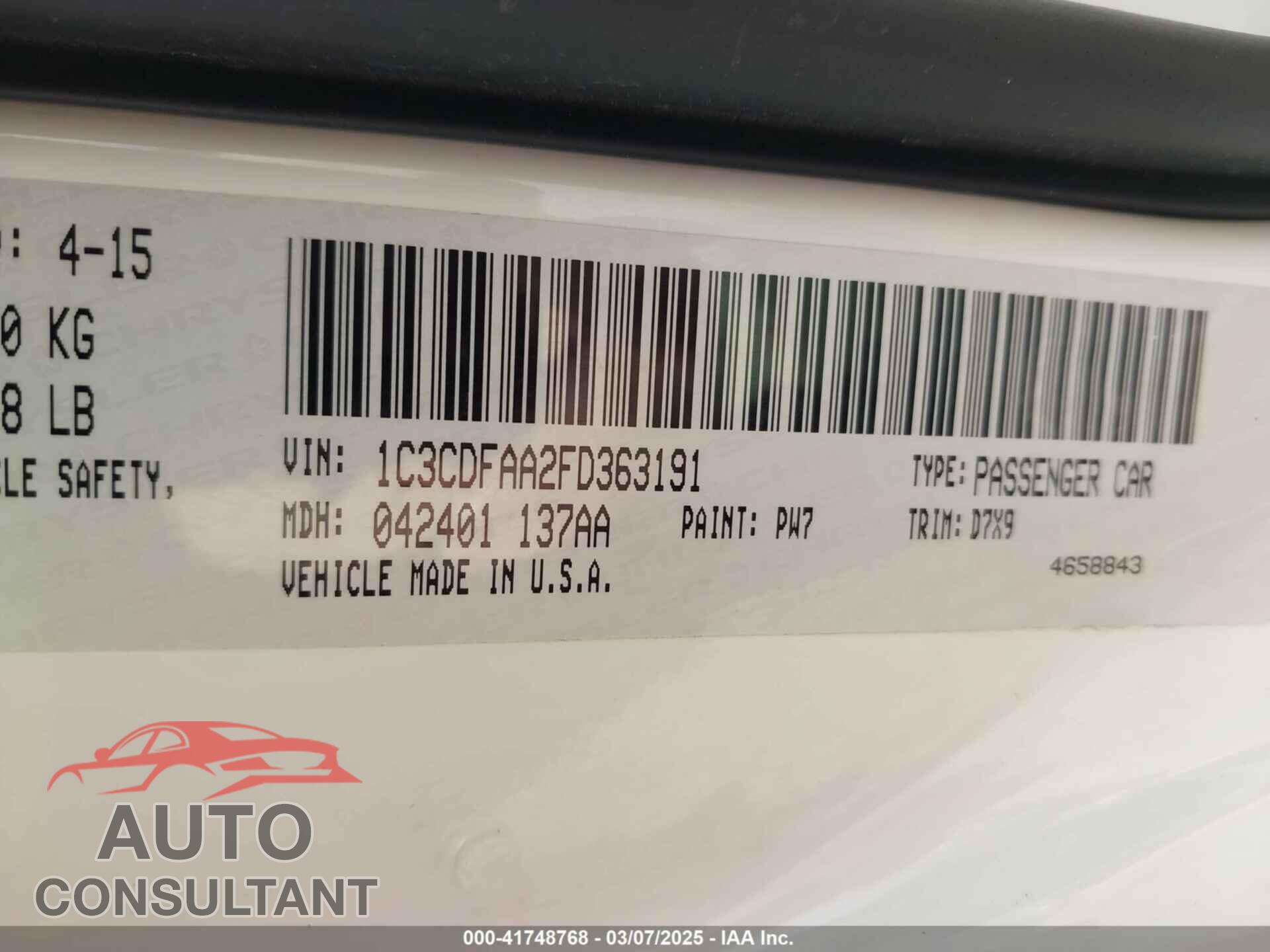 DODGE DART 2015 - 1C3CDFAA2FD363191