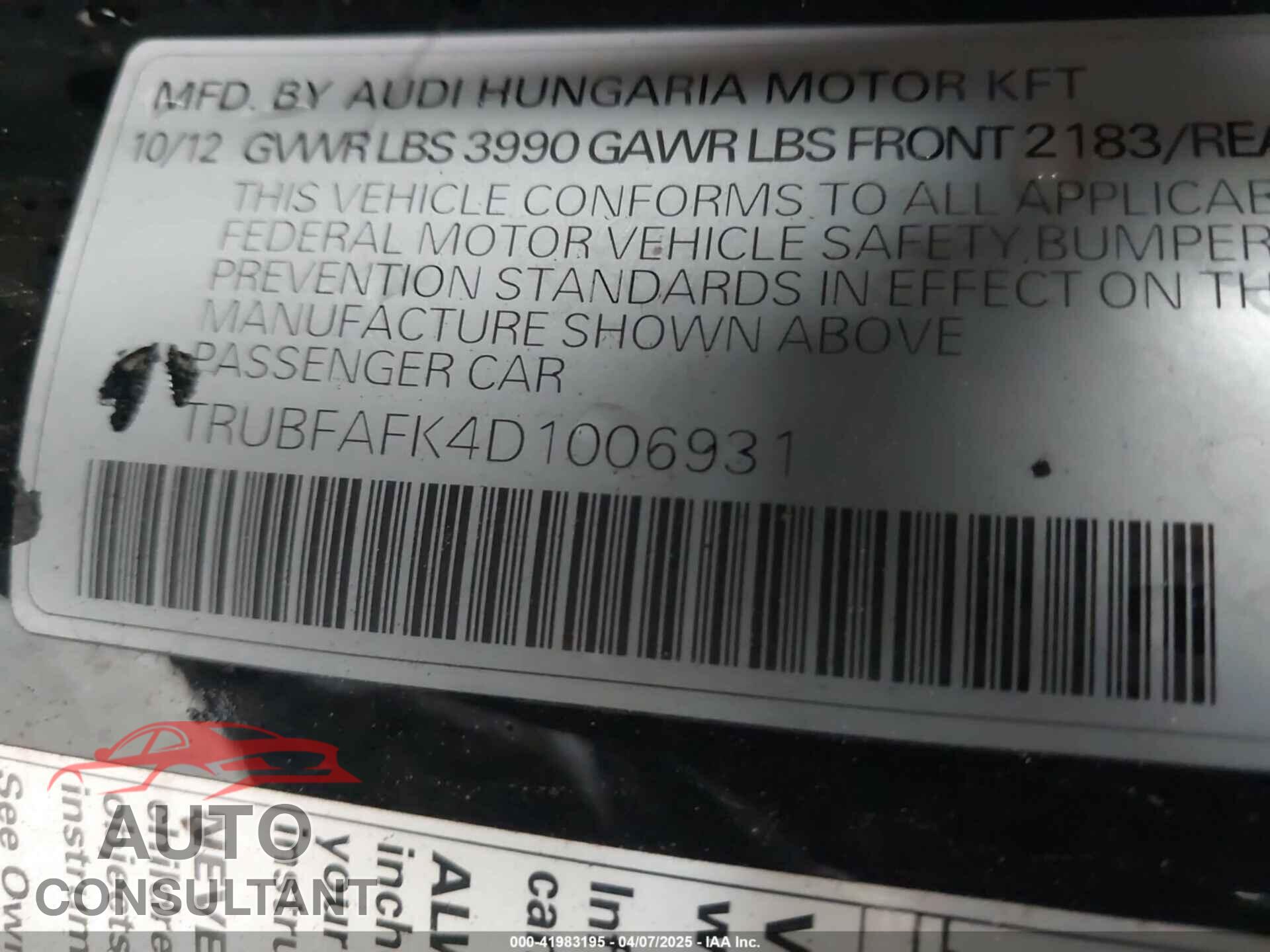 AUDI TT 2013 - TRUBFAFK4D1006931