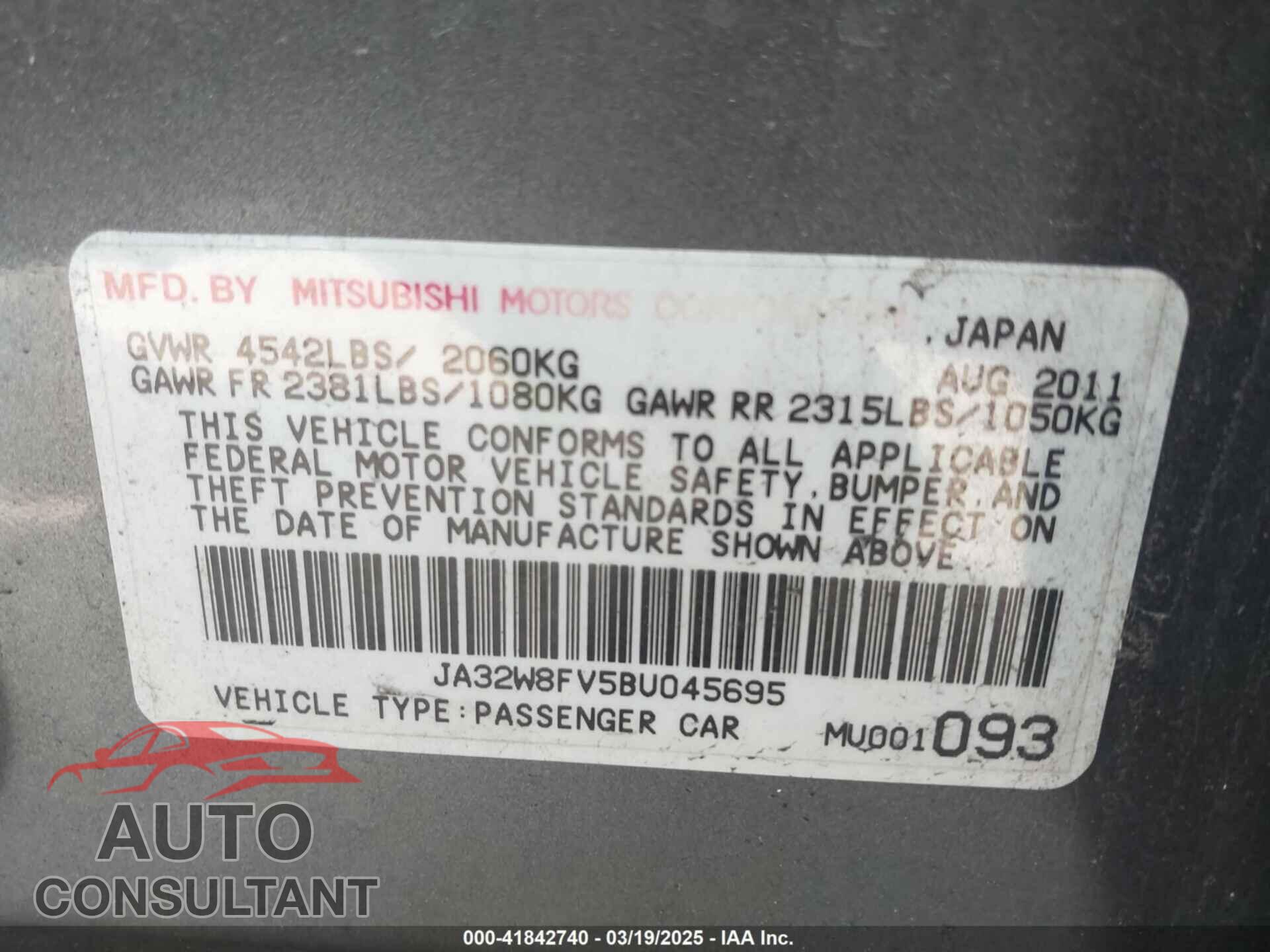 MITSUBISHI LANCER EVOLUTION 2011 - JA32W8FV5BU045695
