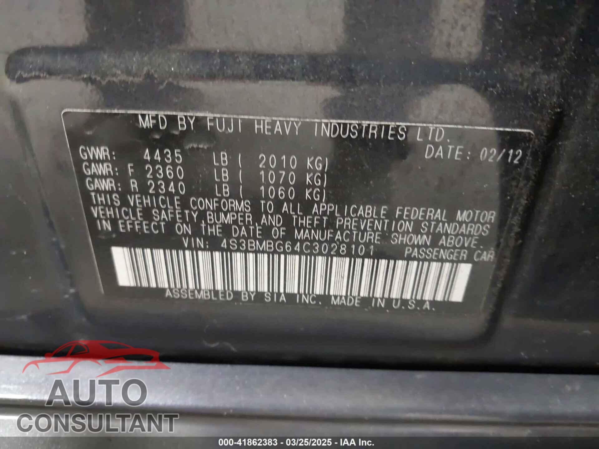 SUBARU LEGACY 2012 - 4S3BMBG64C3028101